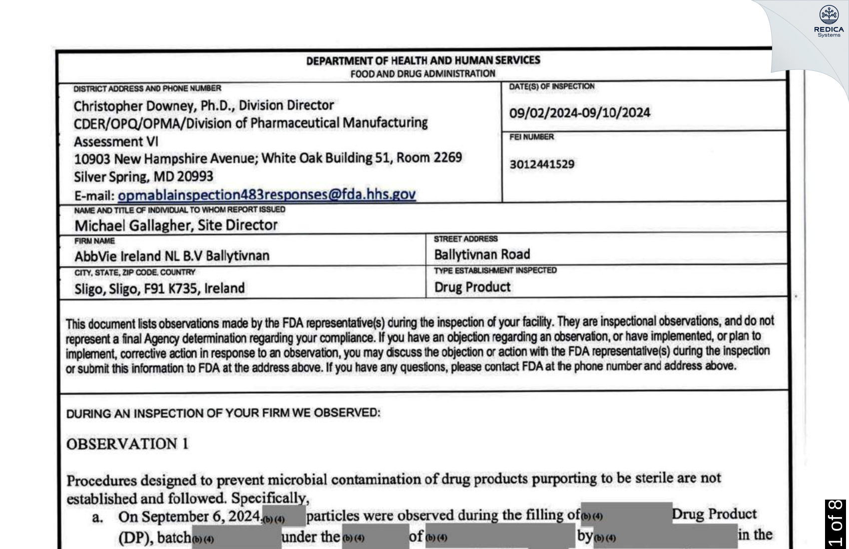FDA 483 - AbbVie Ireland NL B.V. Ballytivnan [Sligo / Ireland] - Download PDF - Redica Systems