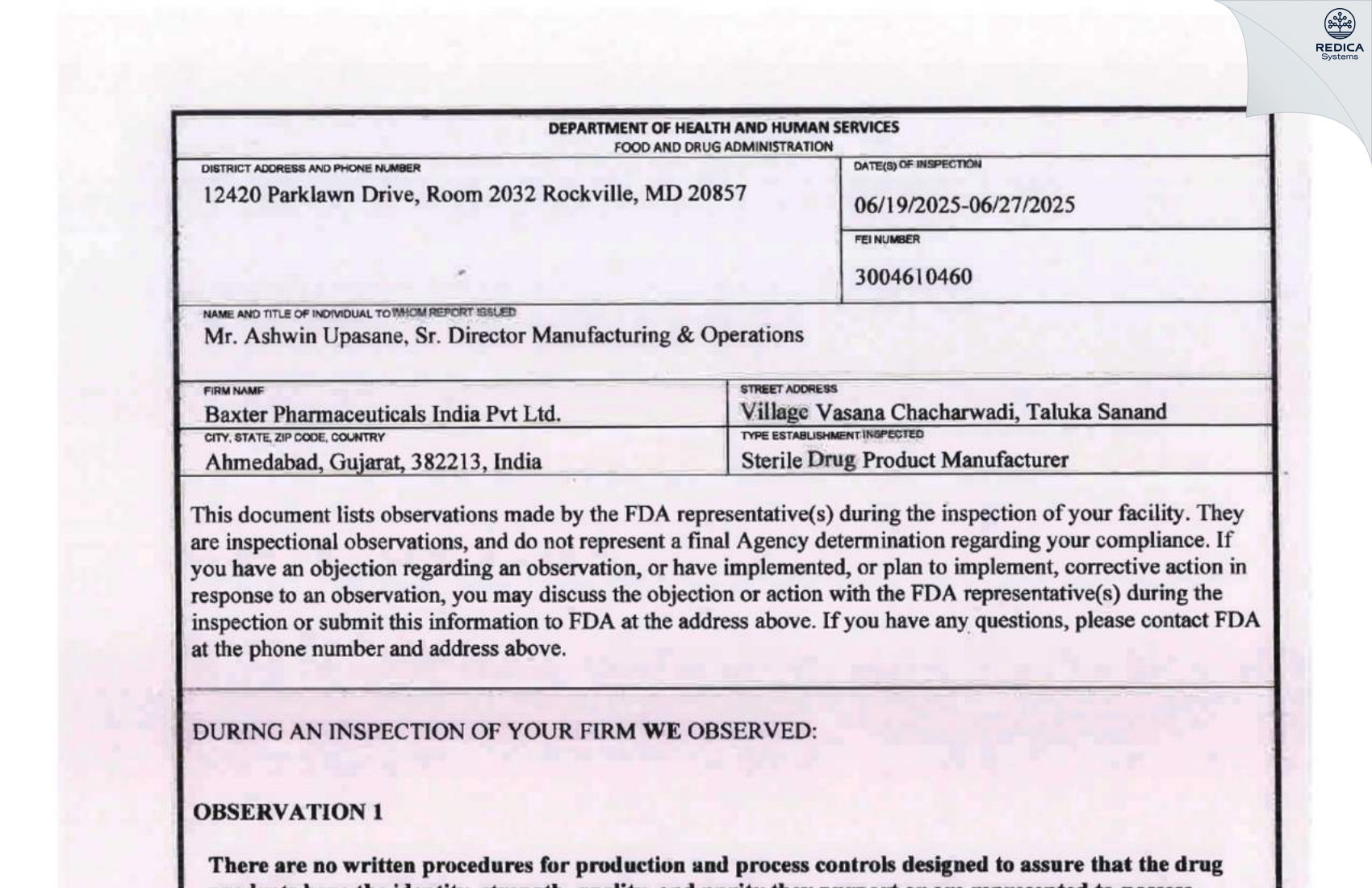 FDA 483 - BAXTER PHARMACEUTICALS INDIA PRIVATE LIMITED [Sanand / India] - Download PDF - Redica Systems