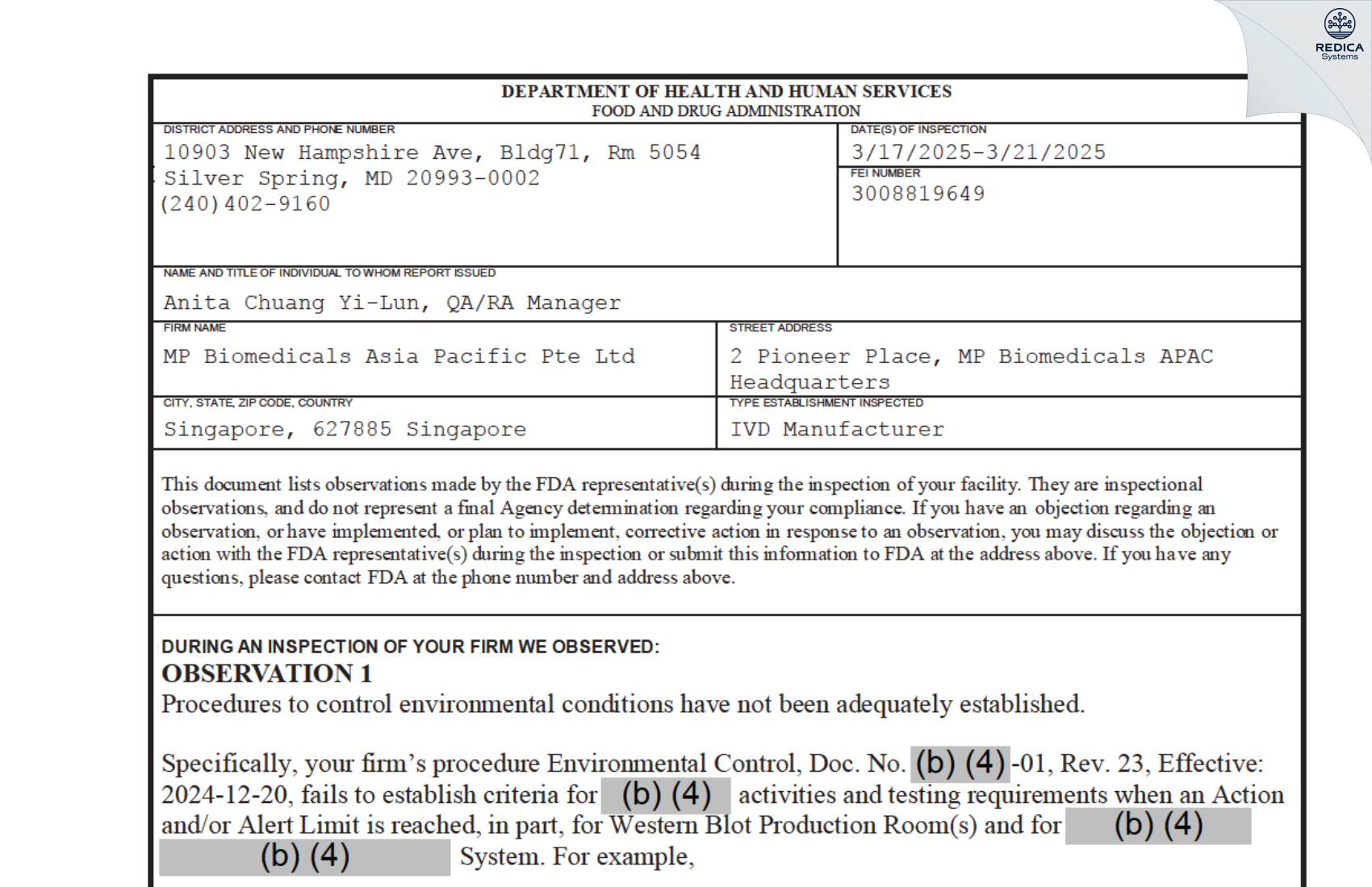 FDA 483 - MP Biomedicals Asia Pacific Ptd Ltd [Singapore / Singapore] - Download PDF - Redica Systems