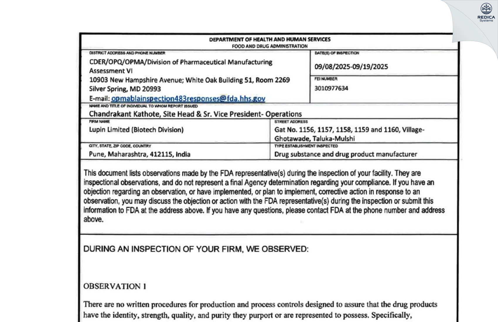 FDA 483 - Lupin Limited (Biotech Division) [Pune / India] - Download PDF - Redica Systems
