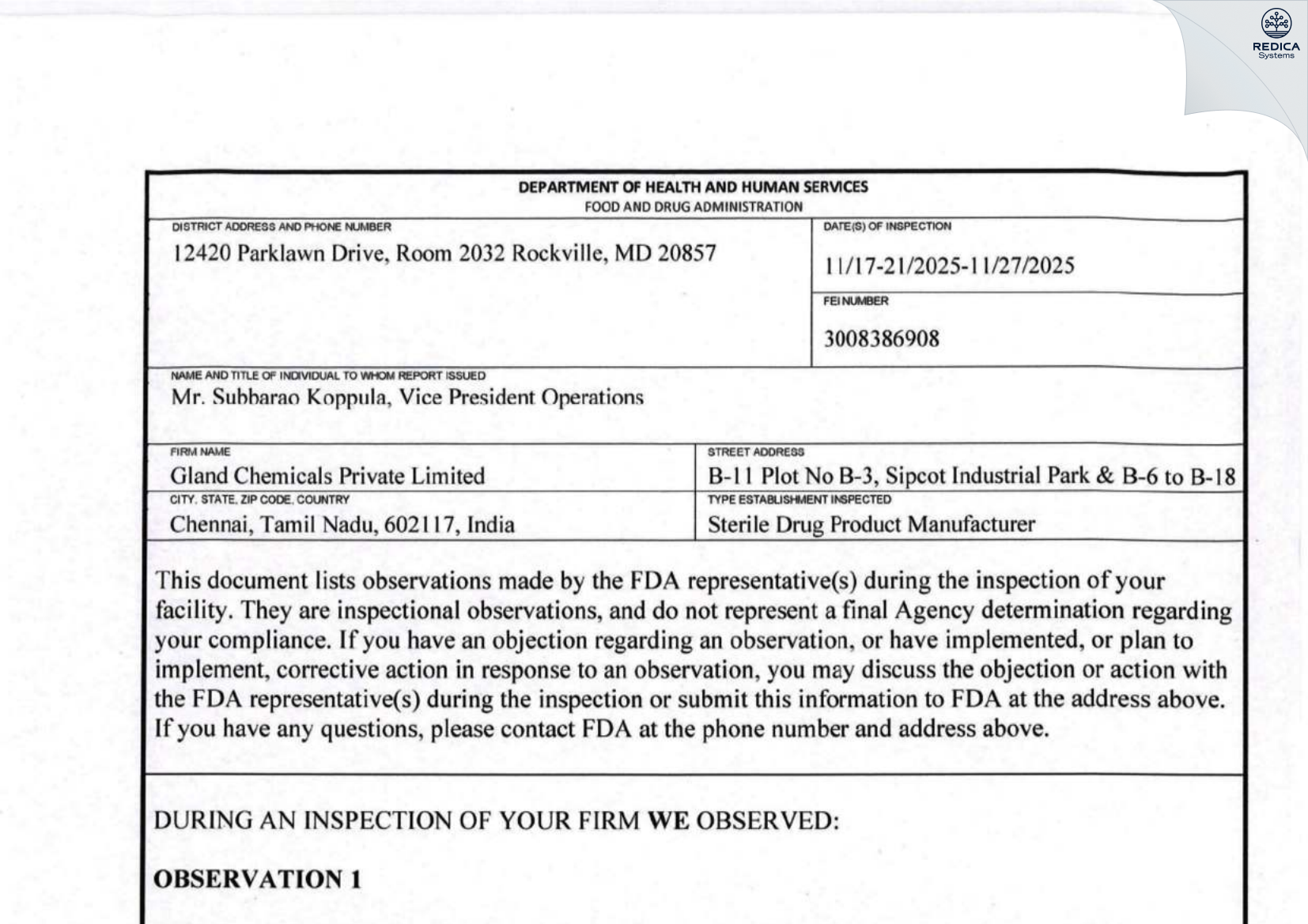 FDA 483 - GLAND CHEMICALS PRIVATE LIMITED [Sriperumbudur / India] - Download PDF - Redica Systems