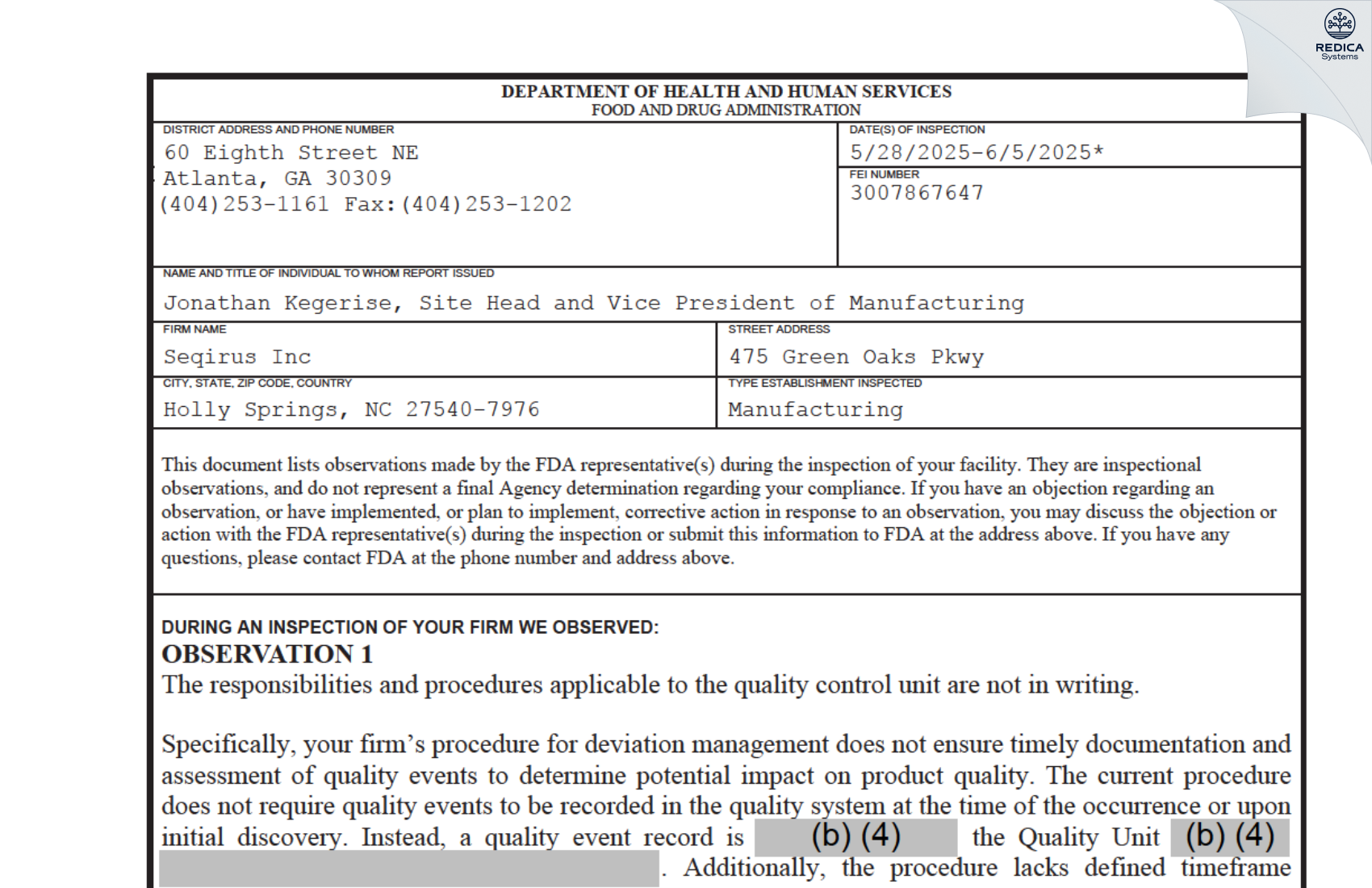 FDA 483 - Seqirus Inc [Holly Springs / United States of America] - Download PDF - Redica Systems