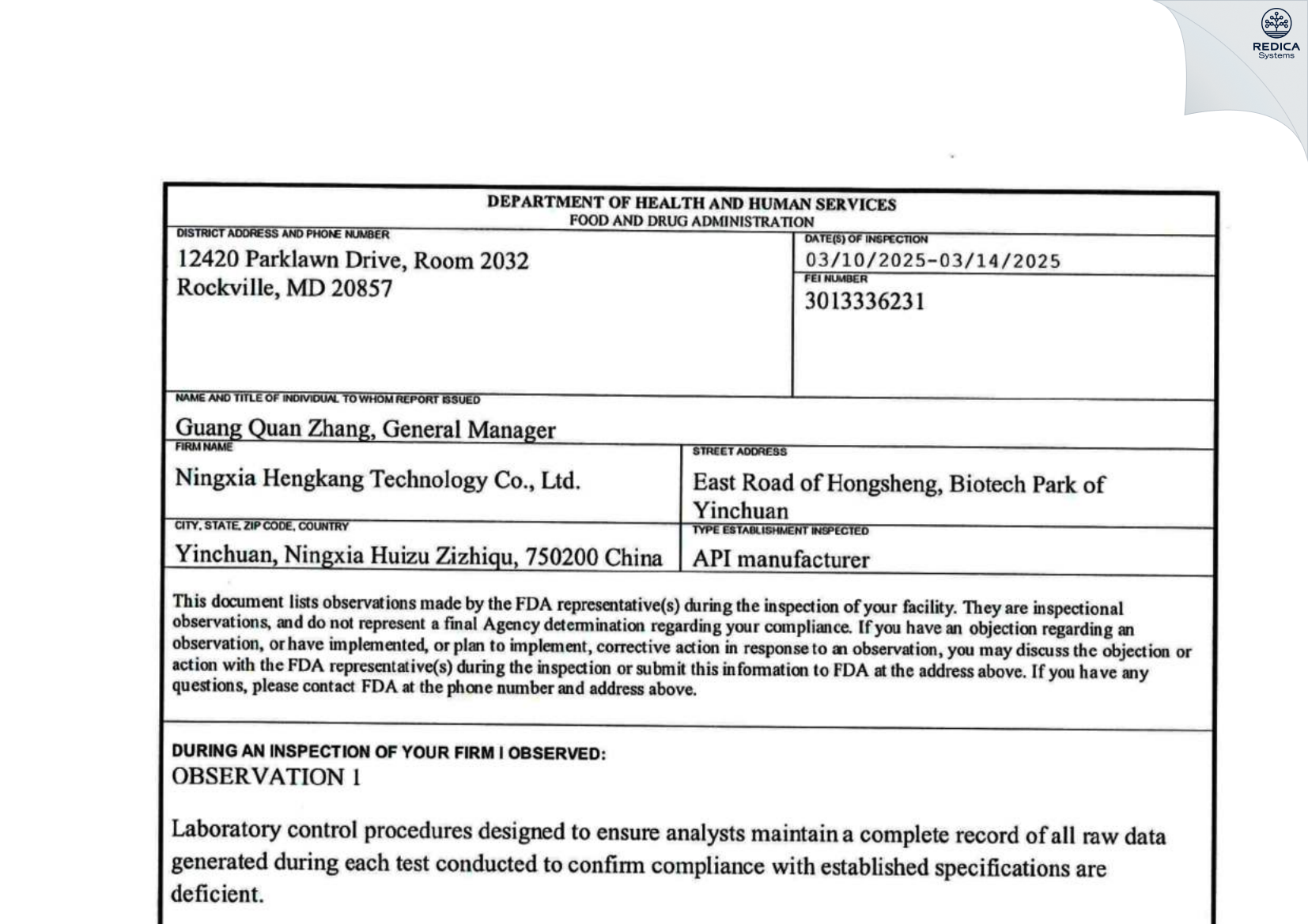 FDA 483 - Ningxia HengKang Technology Co., Ltd. [Xigang / China] - Download PDF - Redica Systems