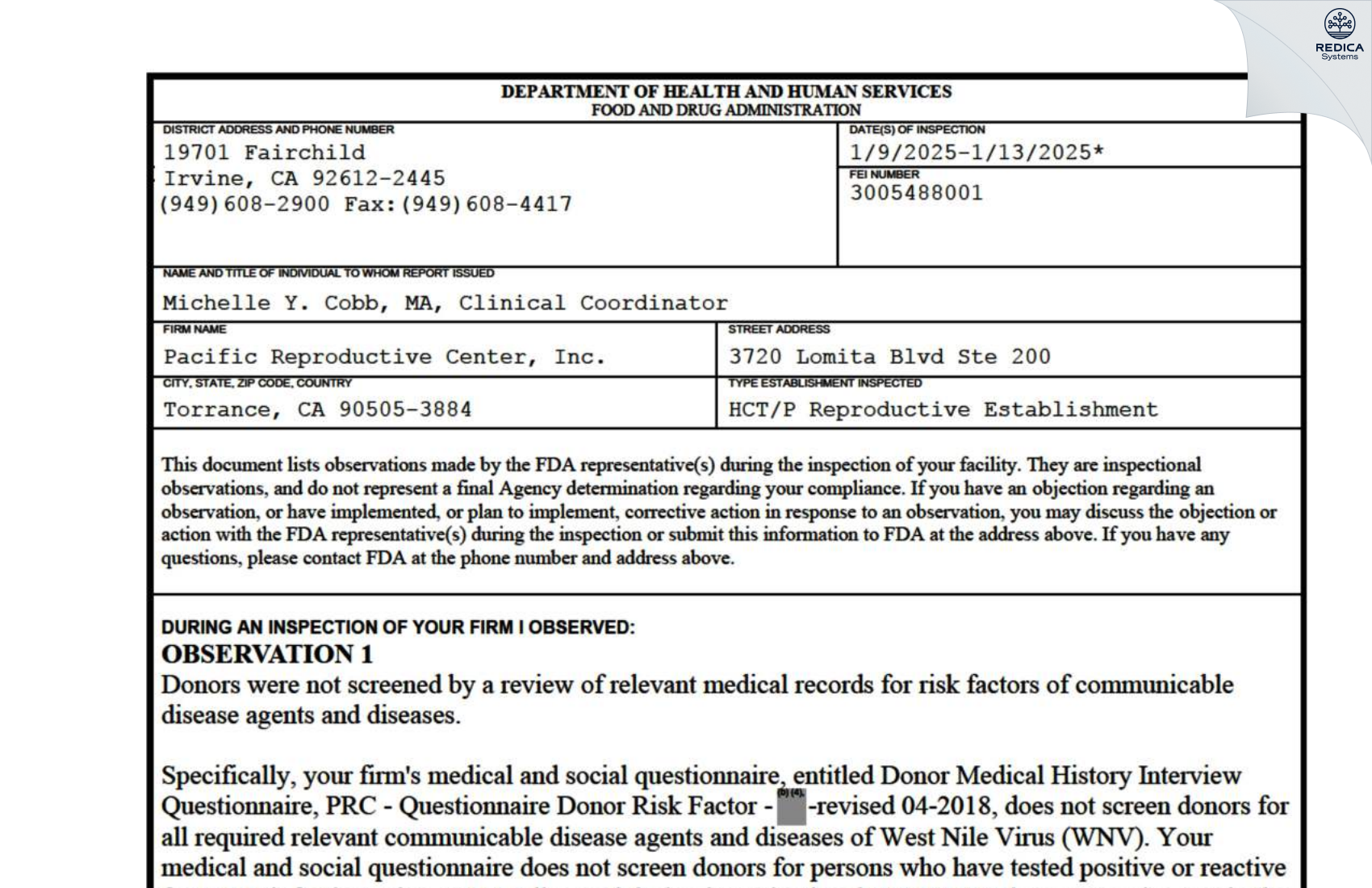 FDA 483 - Pacific Reproductive Center [Torrance / United States of America] - Download PDF - Redica Systems
