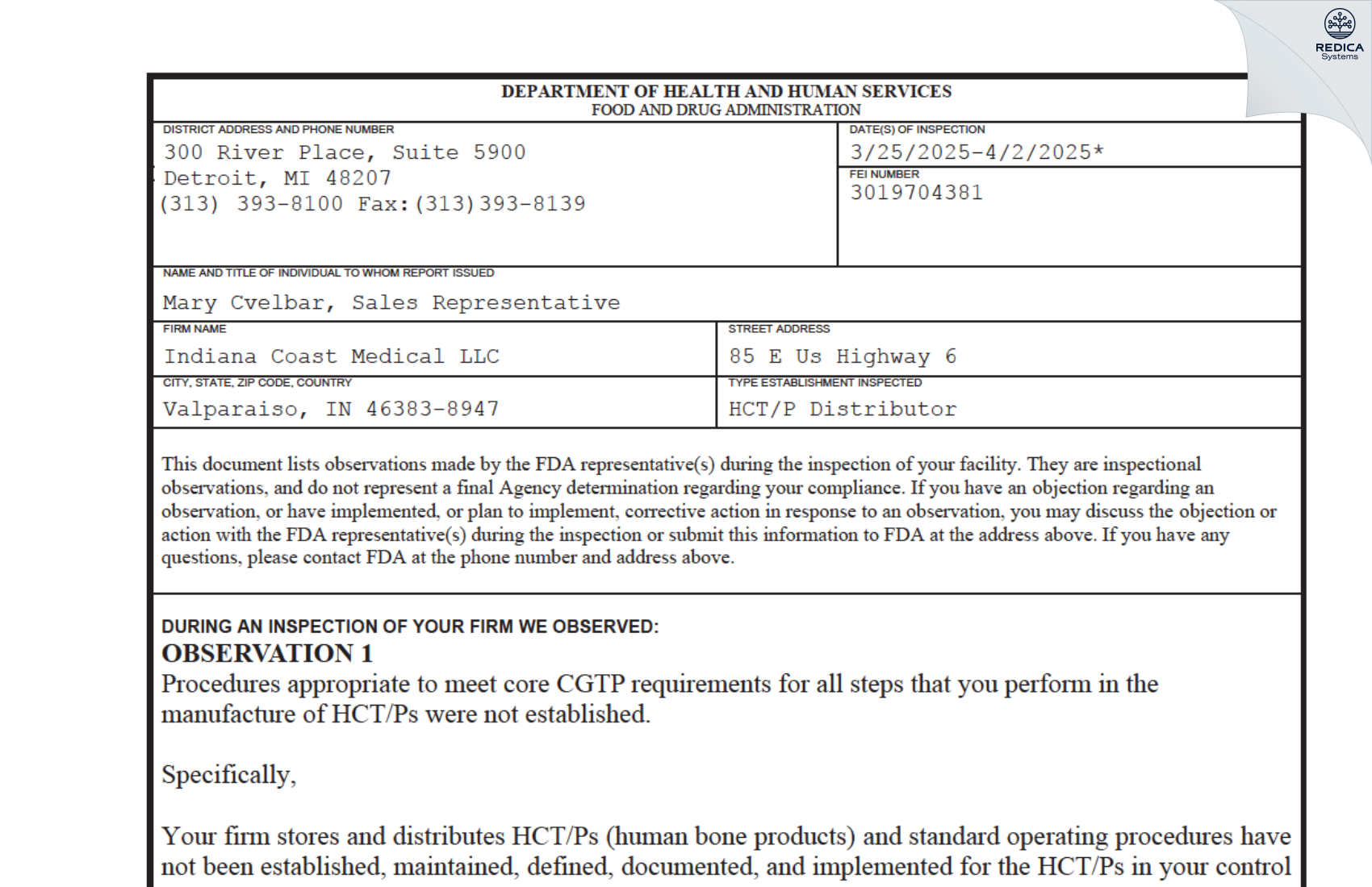 FDA 483 - Indiana Coast Medical LLC [Valparaiso / United States of America] - Download PDF - Redica Systems