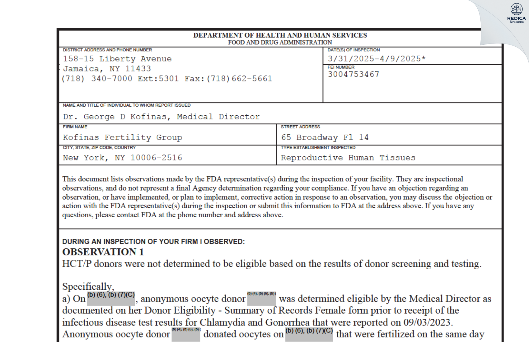 FDA 483 - Kofinas Fertility Group [New York / United States of America] - Download PDF - Redica Systems