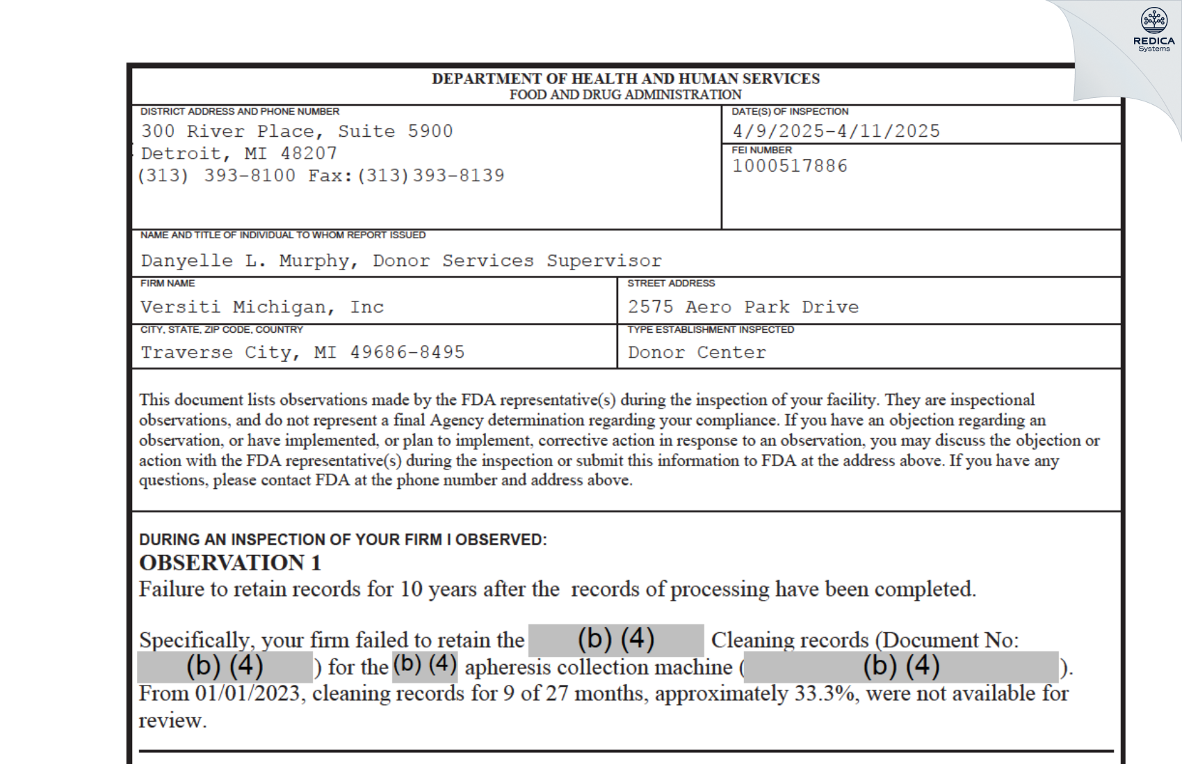FDA 483 - Versiti Michigan Inc [Traverse City / United States of America] - Download PDF - Redica Systems