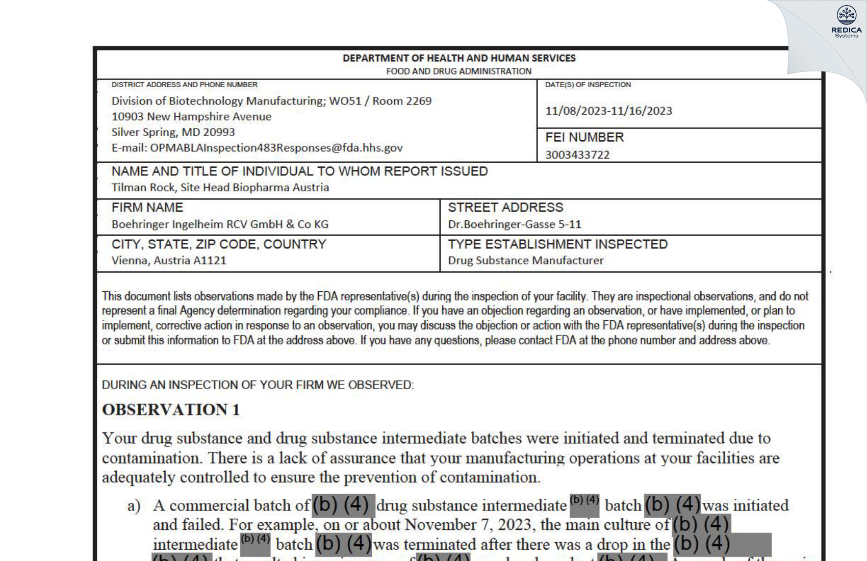 FDA 483 - Boehringer Ingelheim RCV GmbH & Co KG [Wien / Austria] - Download PDF - Redica Systems