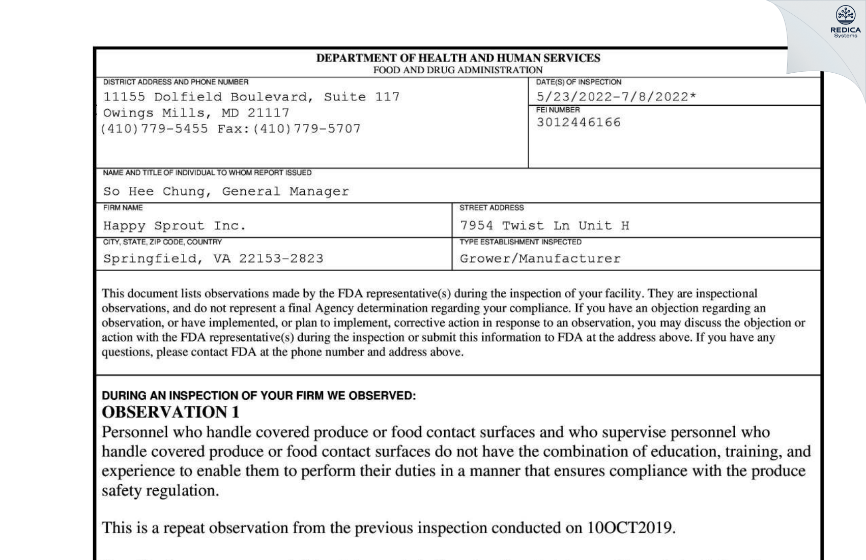 FDA 483 - Happy Sprout Inc. [Springfield / United States of America] - Download PDF - Redica Systems