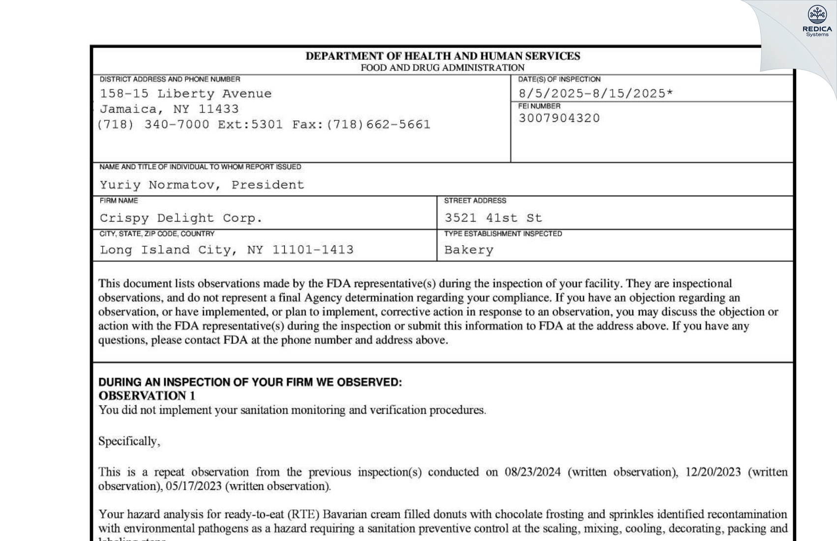FDA 483 - Crispy Delight Corp. [Long Island City / United States of America] - Download PDF - Redica Systems