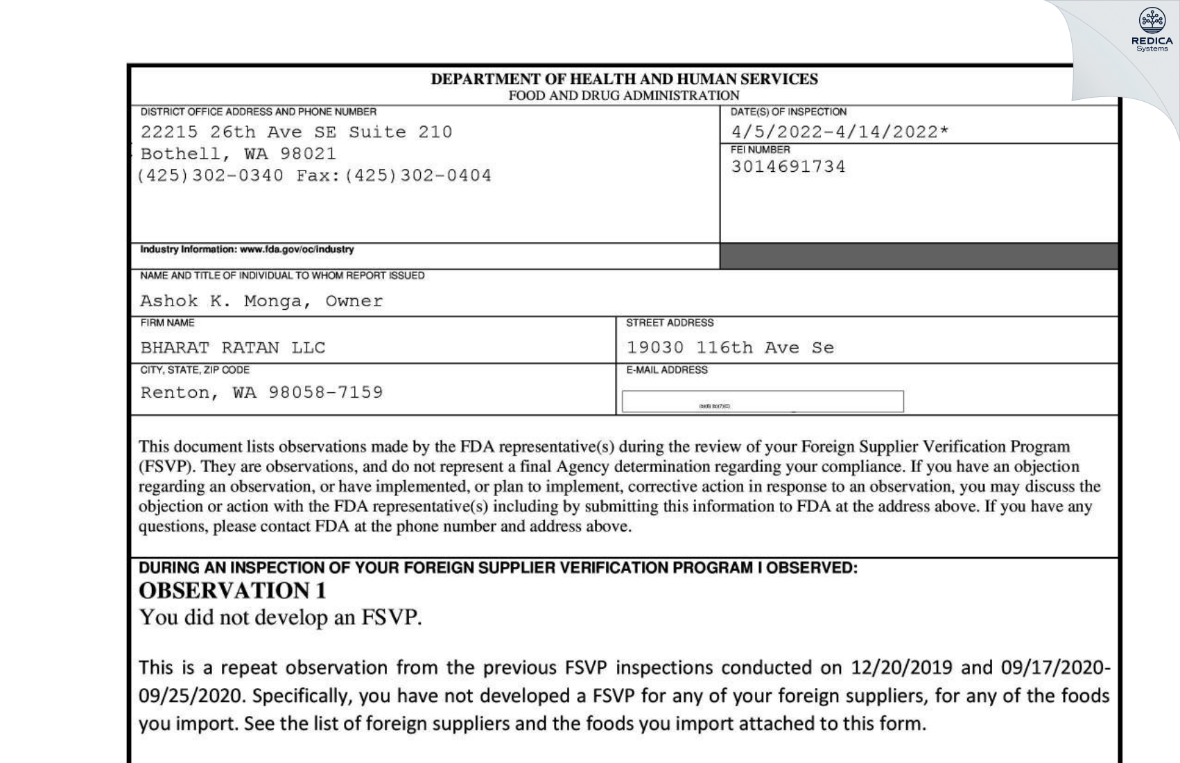 FDA 483 - BHARAT RATAN LLC DBA MDM Super Market [Renton / United States of America] - Download PDF - Redica Systems