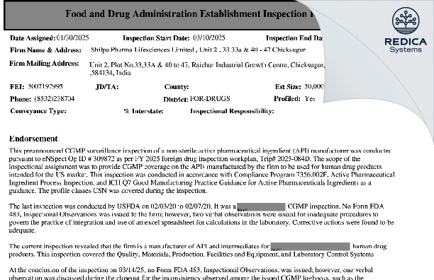 EIR - SHILPA PHARMA LIFESCIENCES LIMITED [Raichur Sub-District / India] - Download PDF - Redica Systems