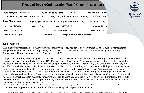 EIR - Empower Clinic Services LLC dba Empower Pharmacy [Houston / United States of America] - Download PDF - Redica Systems
