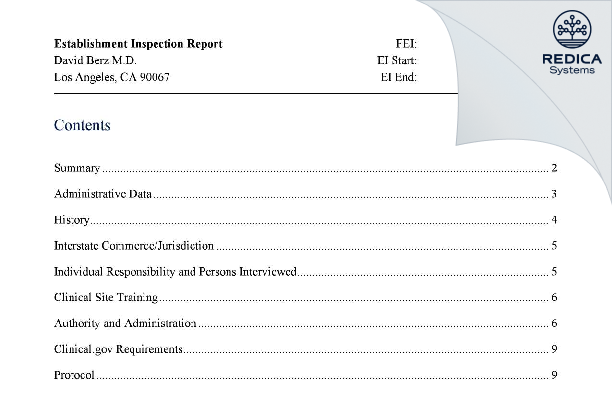 EIR - David Berz, M.D., Ph.D [Los Angeles / United States of America] - Download PDF - Redica Systems