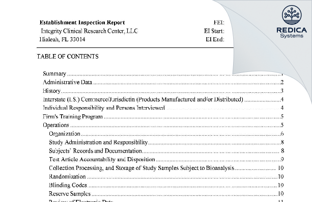 EIR - Integrity Clinical Research Center, Inc. [Hialeah / United States of America] - Download PDF - Redica Systems