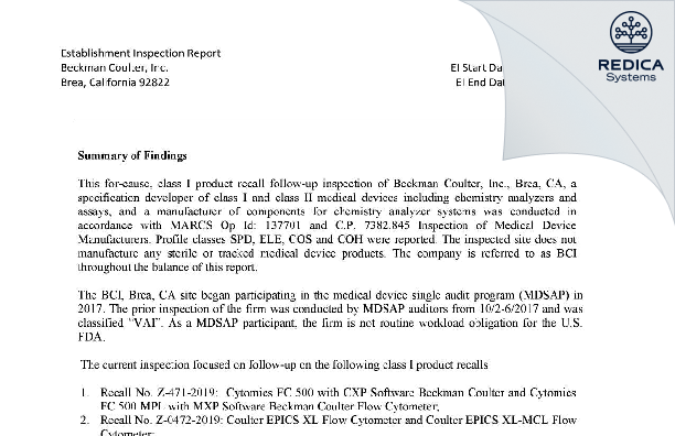 EIR - Beckman Coulter Inc. [Brea / United States of America] - Download PDF - Redica Systems