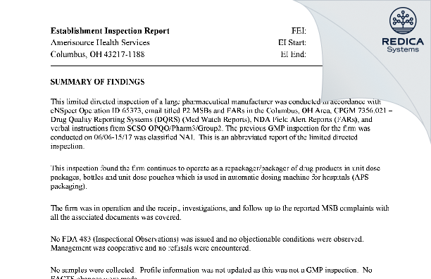 EIR - American Health Packaging [Columbus / United States of America] - Download PDF - Redica Systems