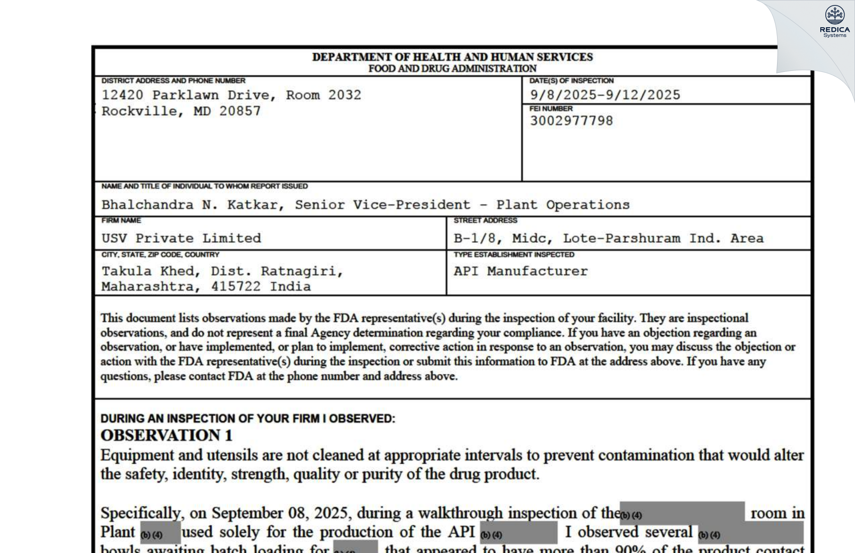 FDA 483 - USV Private Limited [Khed / India] - Download PDF - Redica Systems