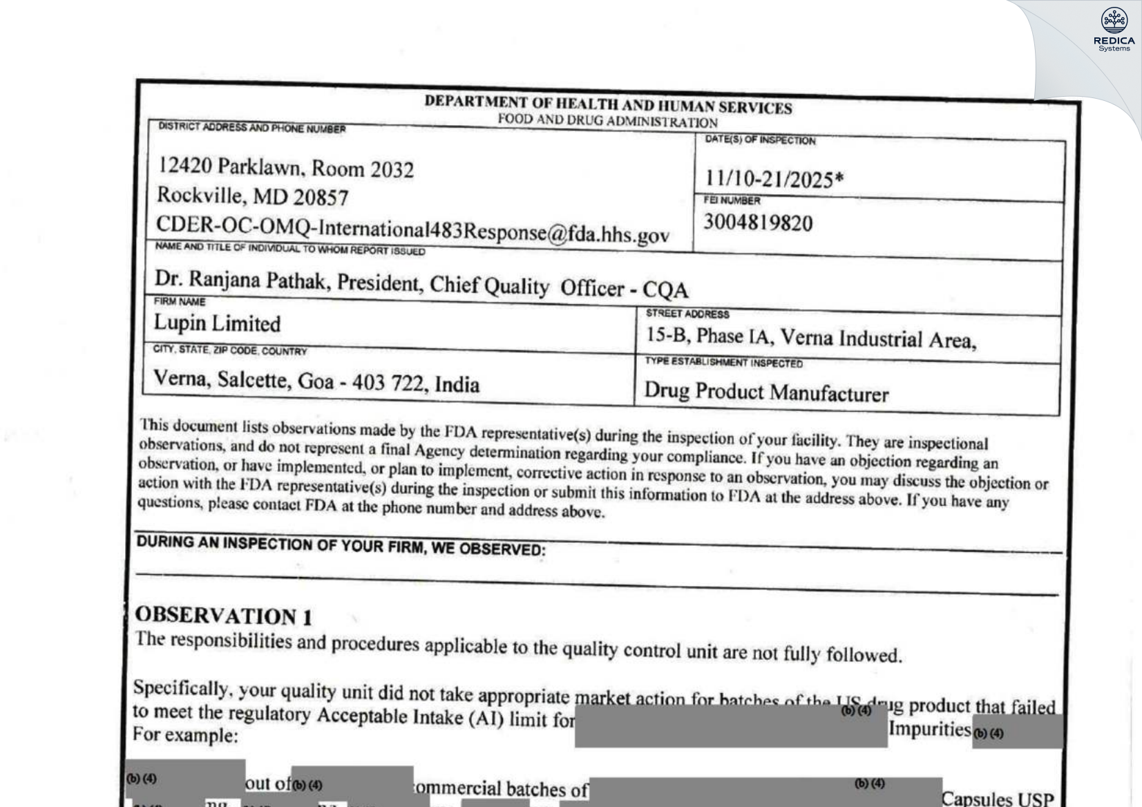 FDA 483 - LUPIN LIMITED [Salcete / India] - Download PDF - Redica Systems