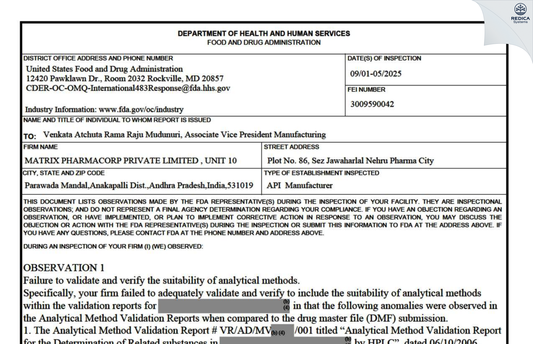 FDA 483 - Tianish Laboratories Private Limited [Paravada / India] - Download PDF - Redica Systems