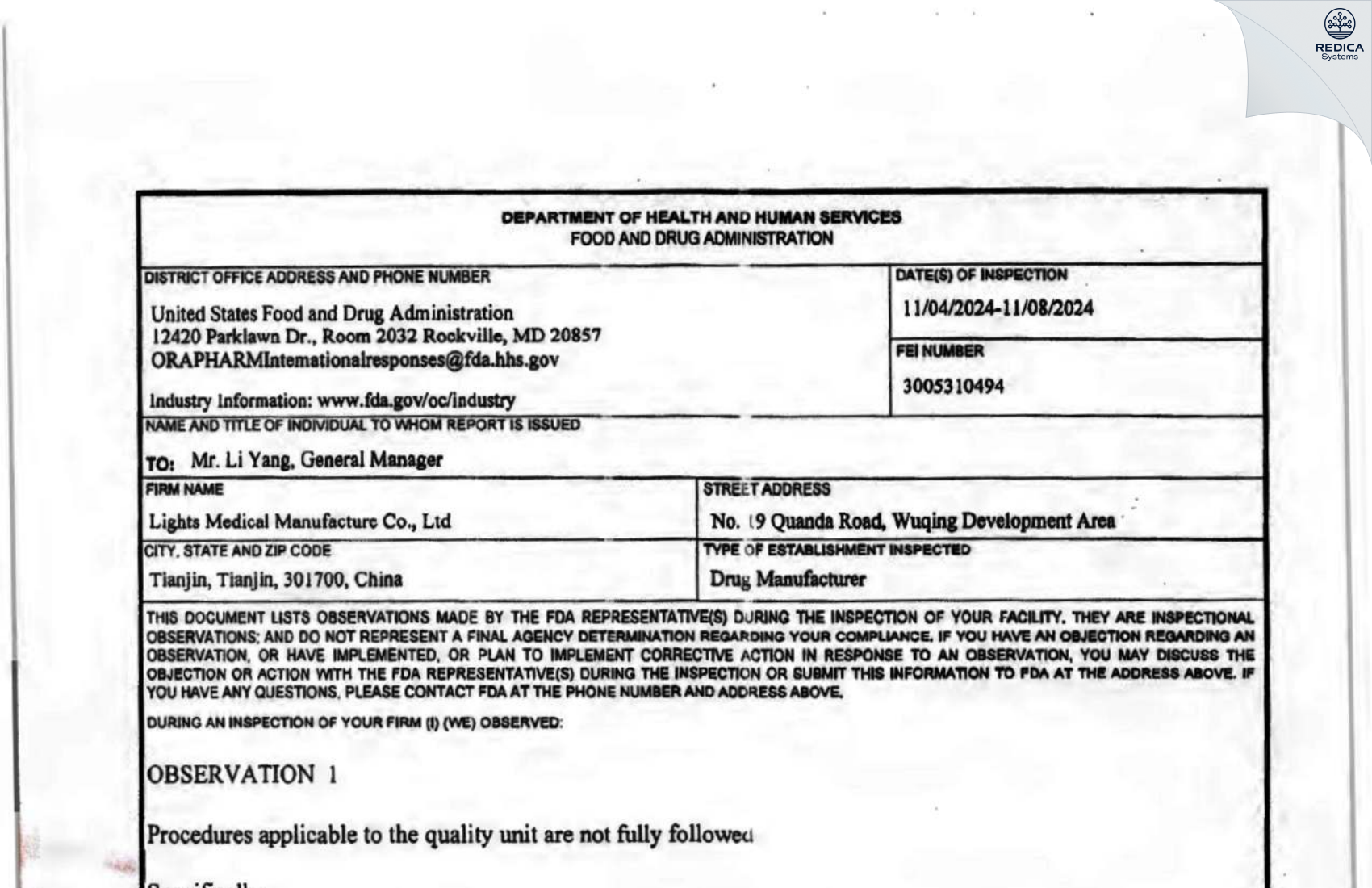 FDA 483 - Lights Medical Manufacture Co., Ltd. [Tianjin / China] - Download PDF - Redica Systems