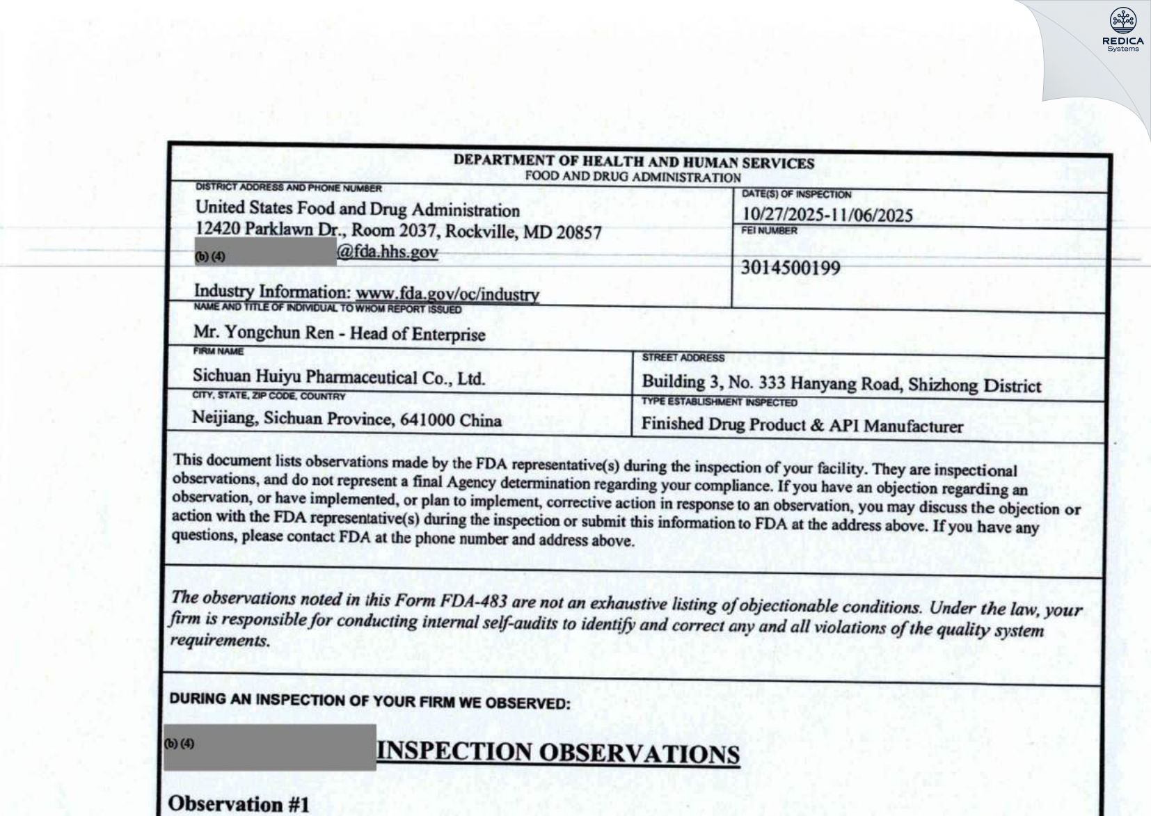 FDA 483 - Sichuan Huiyu Pharmaceutical Co., Ltd. [Shizhong / China] - Download PDF - Redica Systems