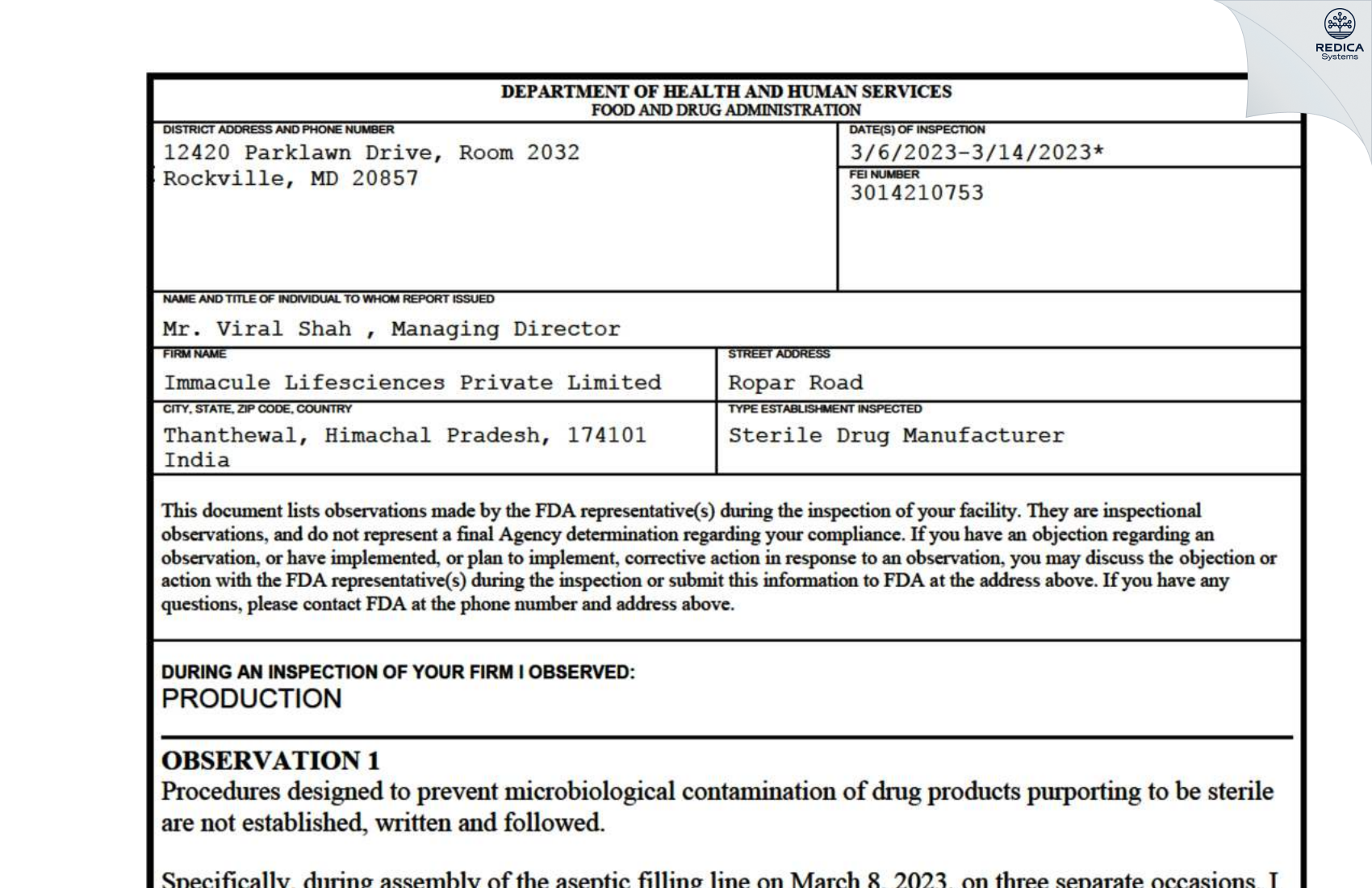 FDA 483 - Immacule Lifesciences Private Limited [Nalagarh / India] - Download PDF - Redica Systems