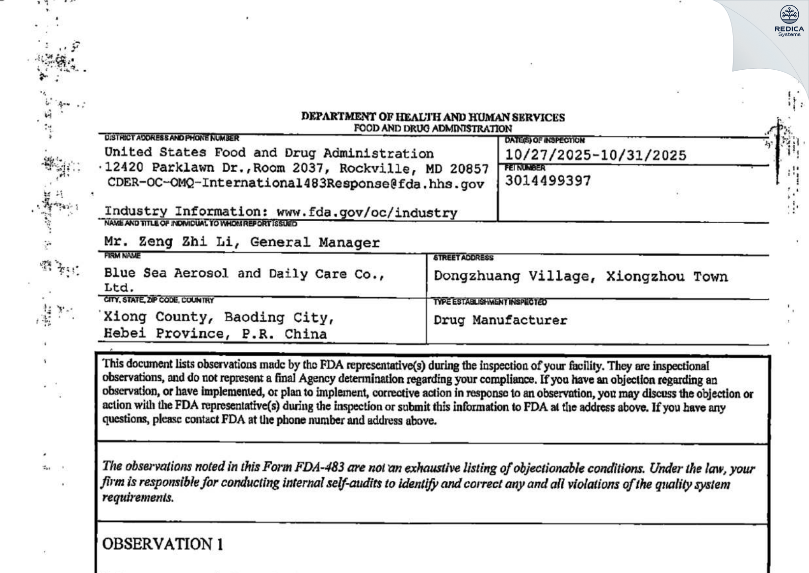 FDA 483 - BLUE SEA AEROSOL & DAILY CARE CO., LTD [Dongzhuang / China] - Download PDF - Redica Systems