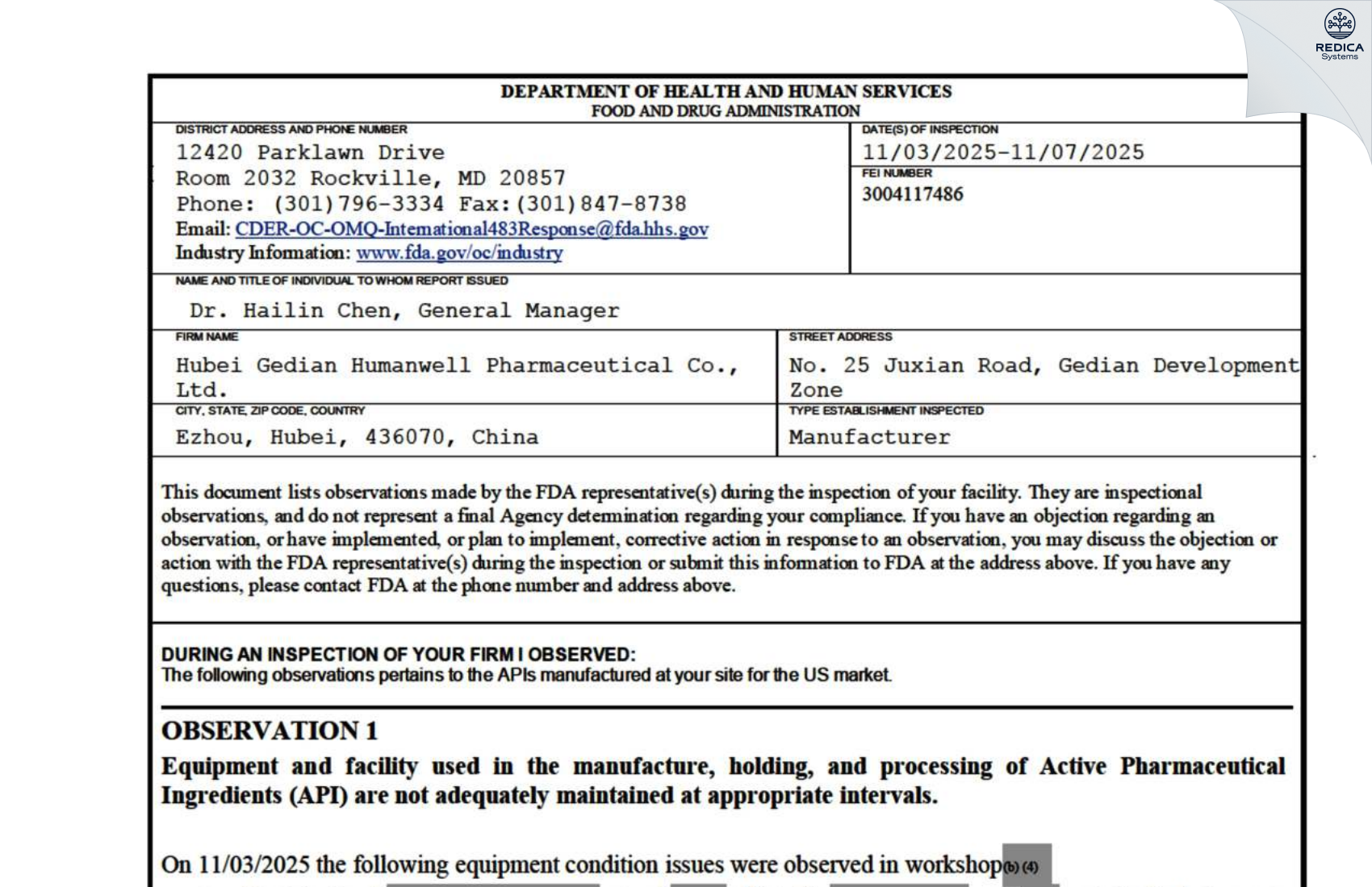 FDA 483 - Hubei Gedian Humanwell Pharmaceutical Co., Ltd. [Ezhou / China] - Download PDF - Redica Systems