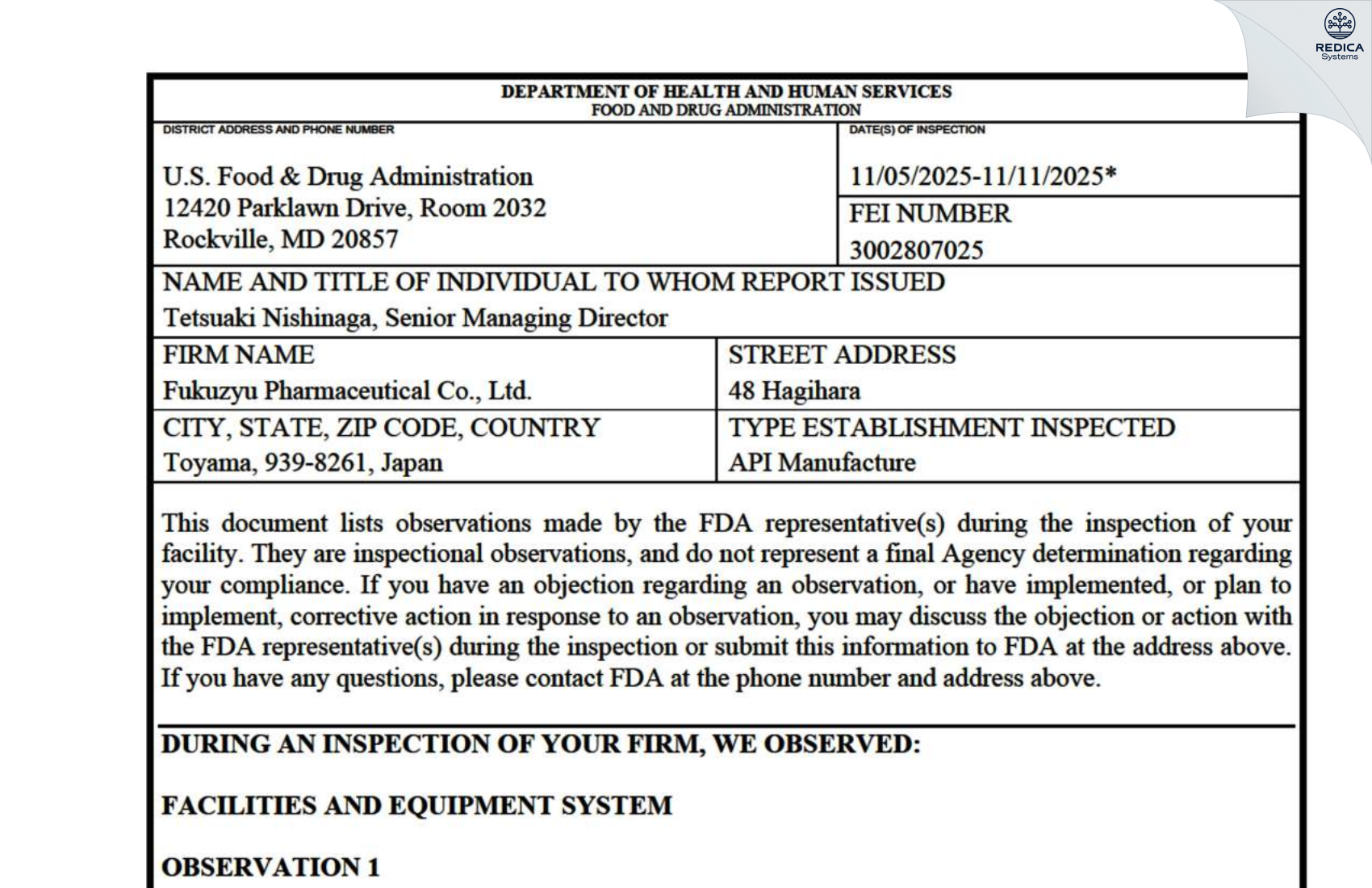 FDA 483 - Fukuzyu Pharmaceutical Co., Ltd. [Hagihara / Japan] - Download PDF - Redica Systems