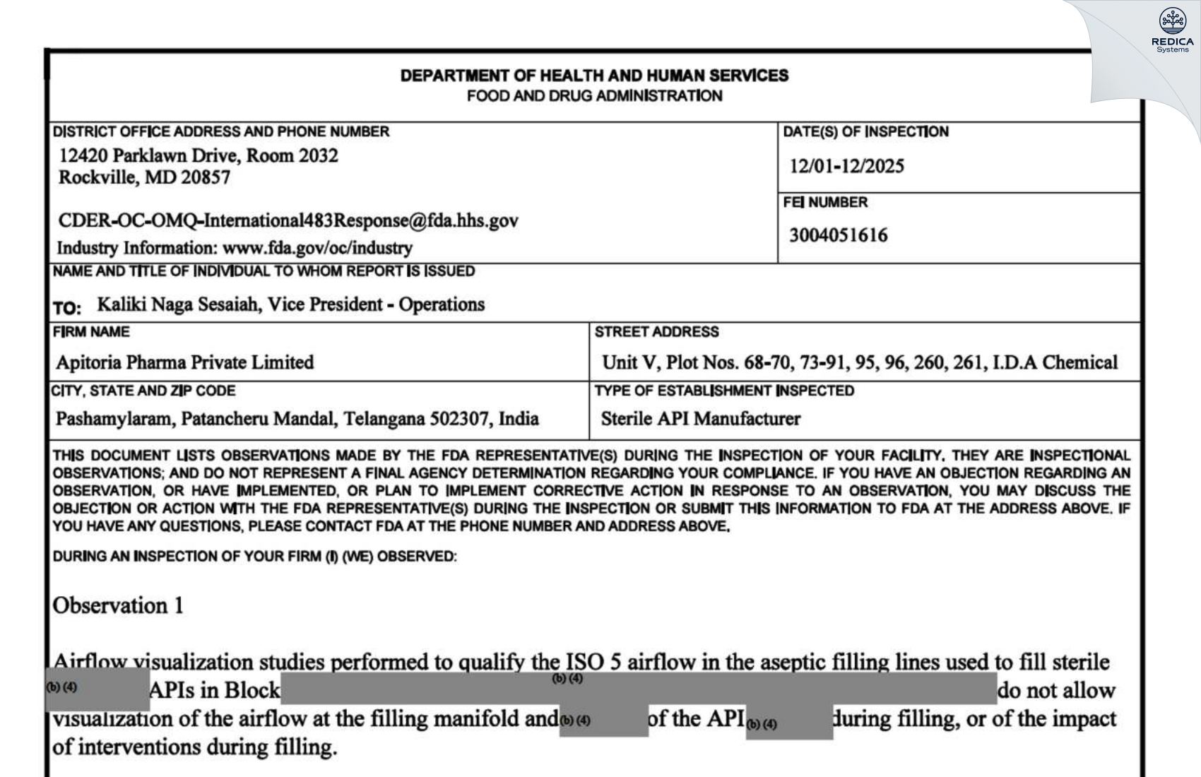 FDA 483 - Apitoria Pharma Private Limited [Patancheru / India] - Download PDF - Redica Systems