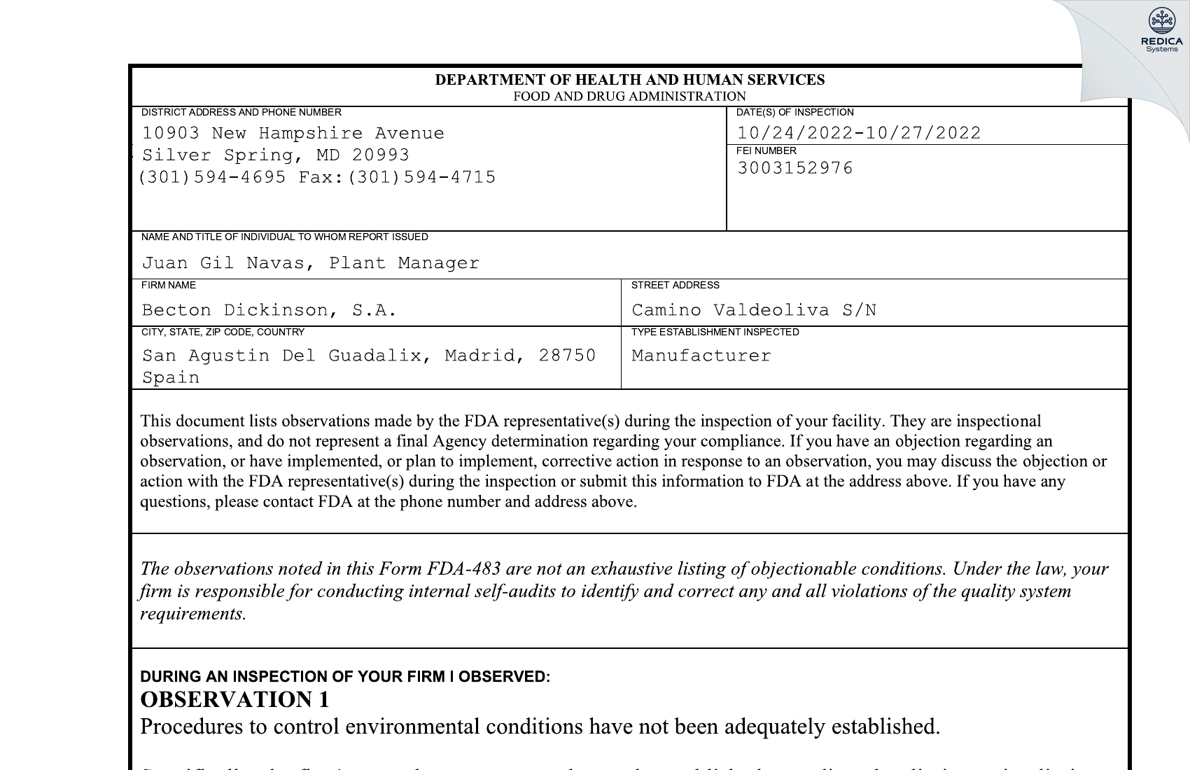 FDA 483 - Becton Dickinson, S.A. [San Agustín Del Guadalix / Spain] - Download PDF - Redica Systems