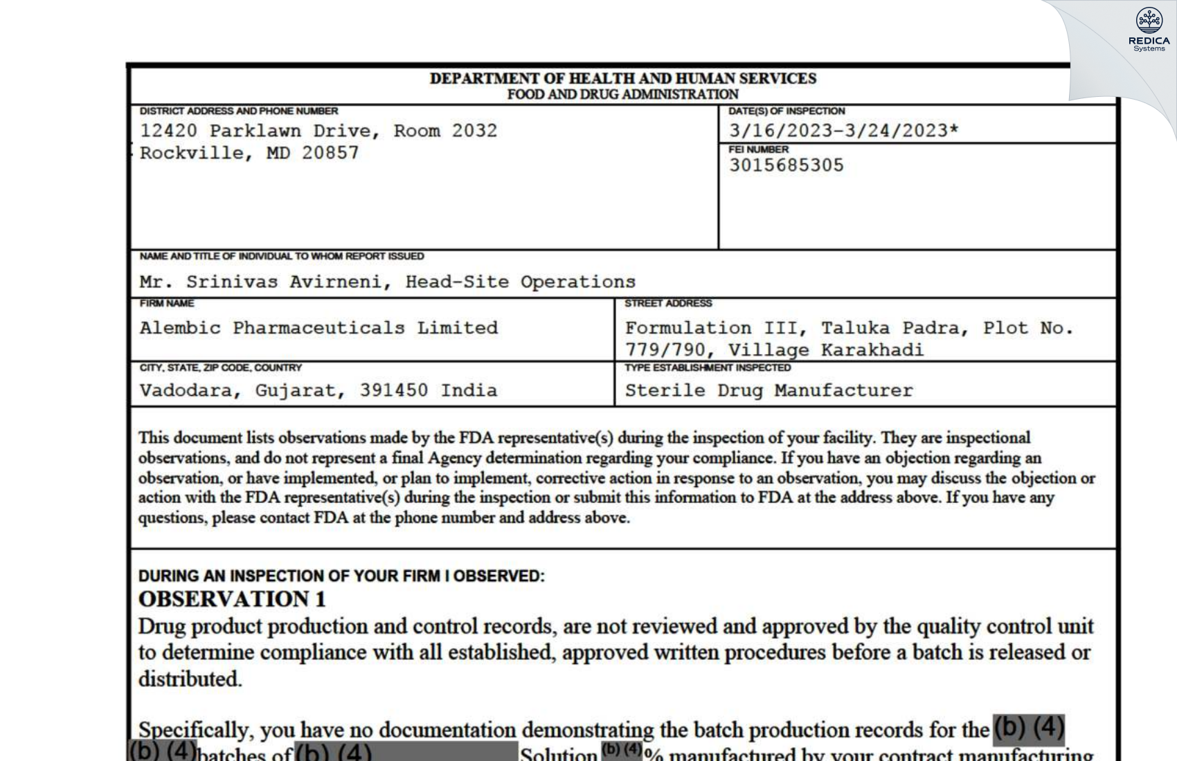 FDA 483 - Alembic Pharmaceuticals Limited [Padra / India] - Download PDF - Redica Systems