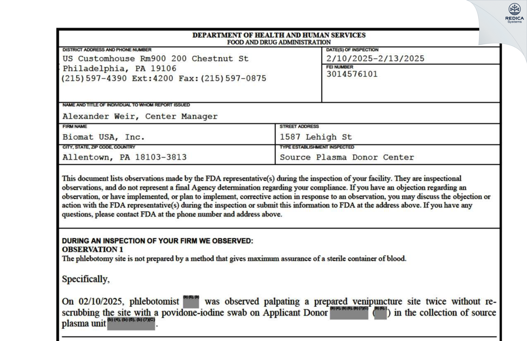 FDA 483 - ImmunoTek Bio Centers LLC [Allentown / United States of America] - Download PDF - Redica Systems