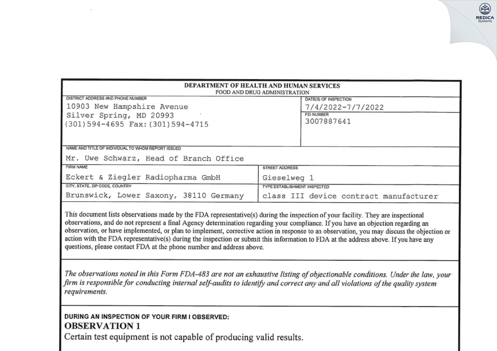 FDA 483 - Eckert & Ziegler Radiopharma GmbH [Braunschweig / Germany] - Download PDF - Redica Systems