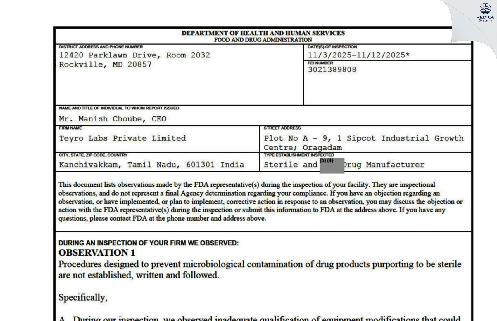 FDA 483 - Teyro Labs Private Limited` [Pedappai / India] - Download PDF - Redica Systems