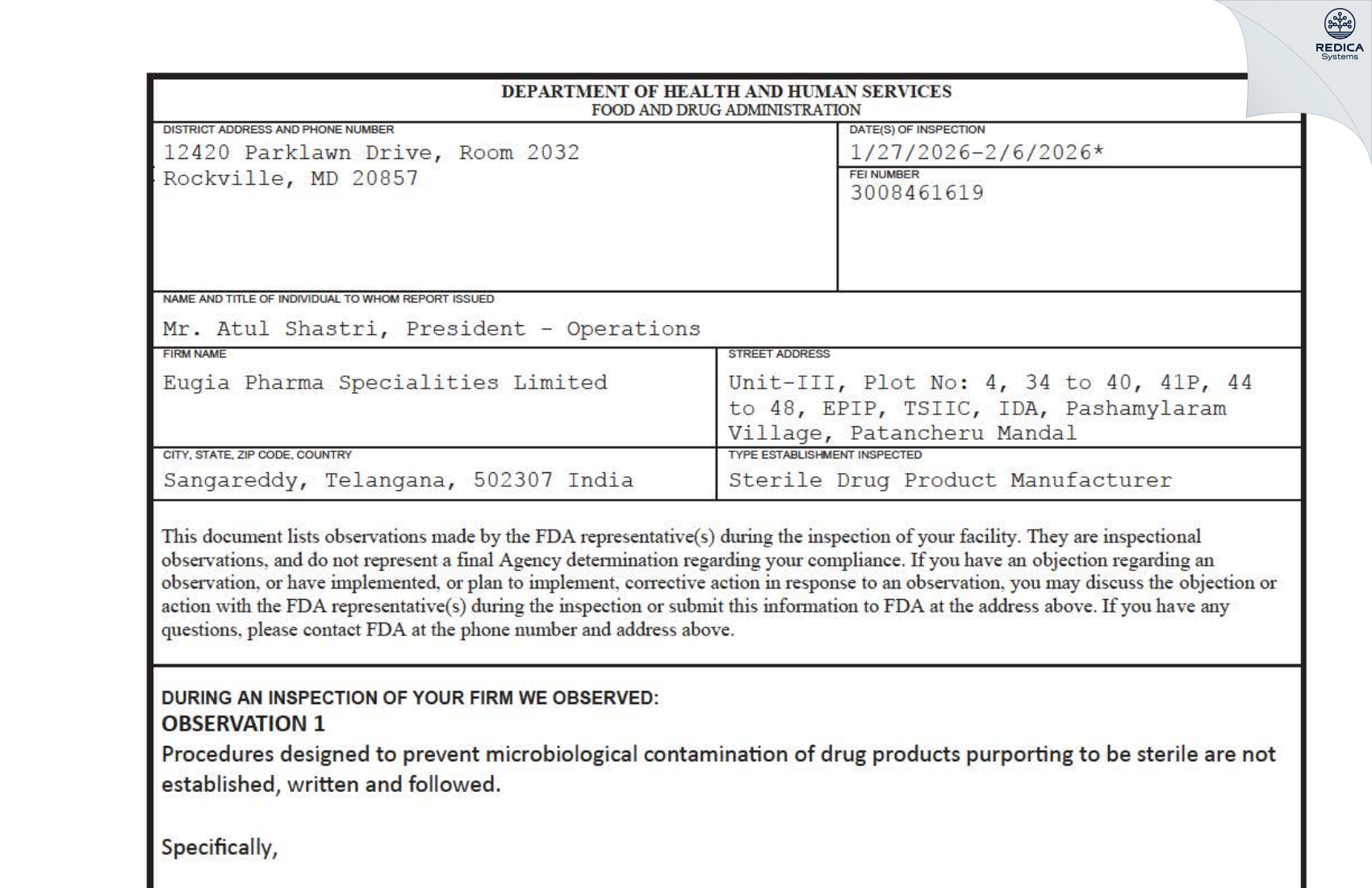 FDA 483 - EUGIA PHARMA SPECIALITIES LIMITED [Patancheru / India] - Download PDF - Redica Systems