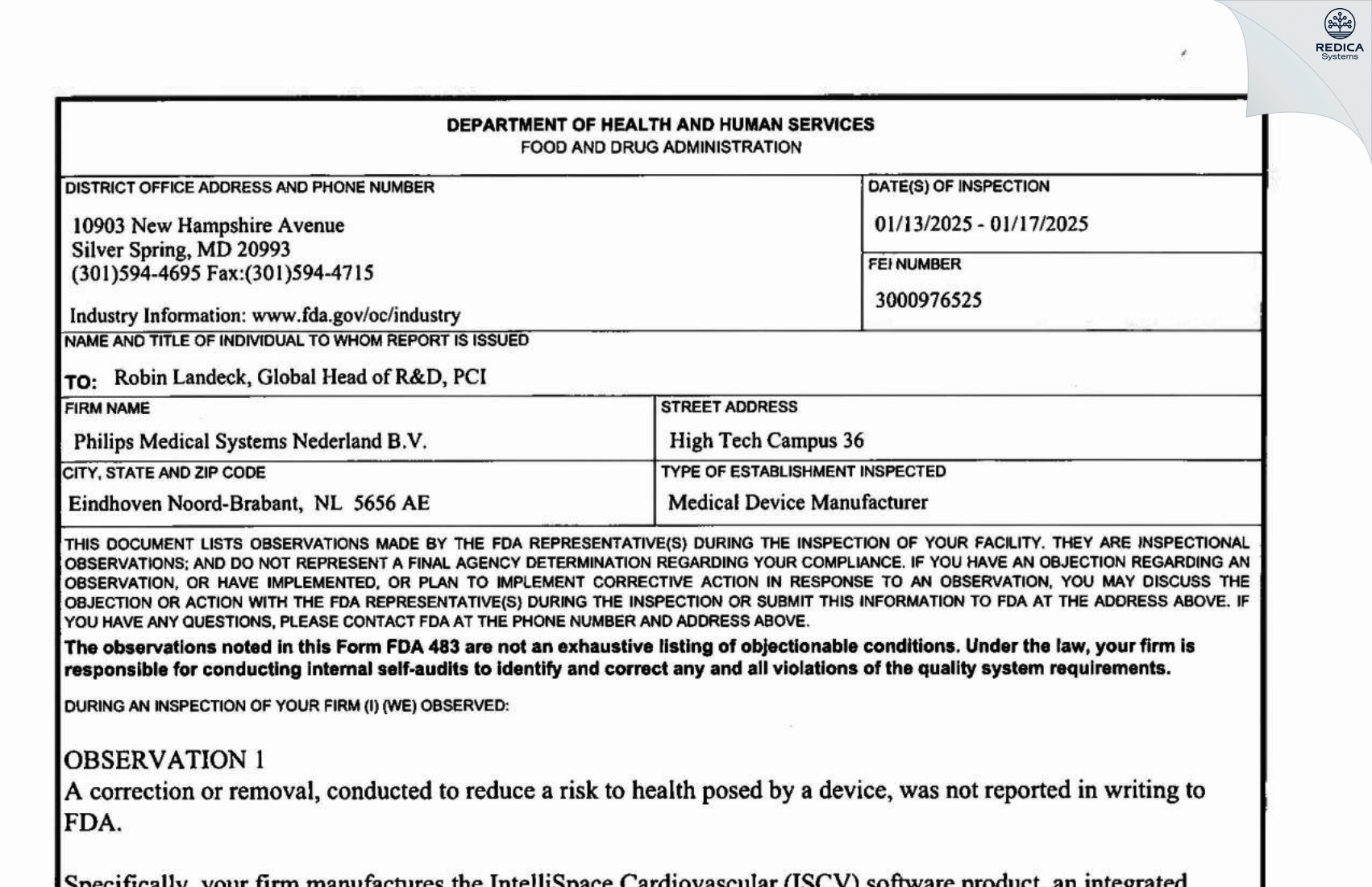 FDA 483 - Philips Medical Systems Nederland B.V. [Eindhoven / Netherlands] - Download PDF - Redica Systems