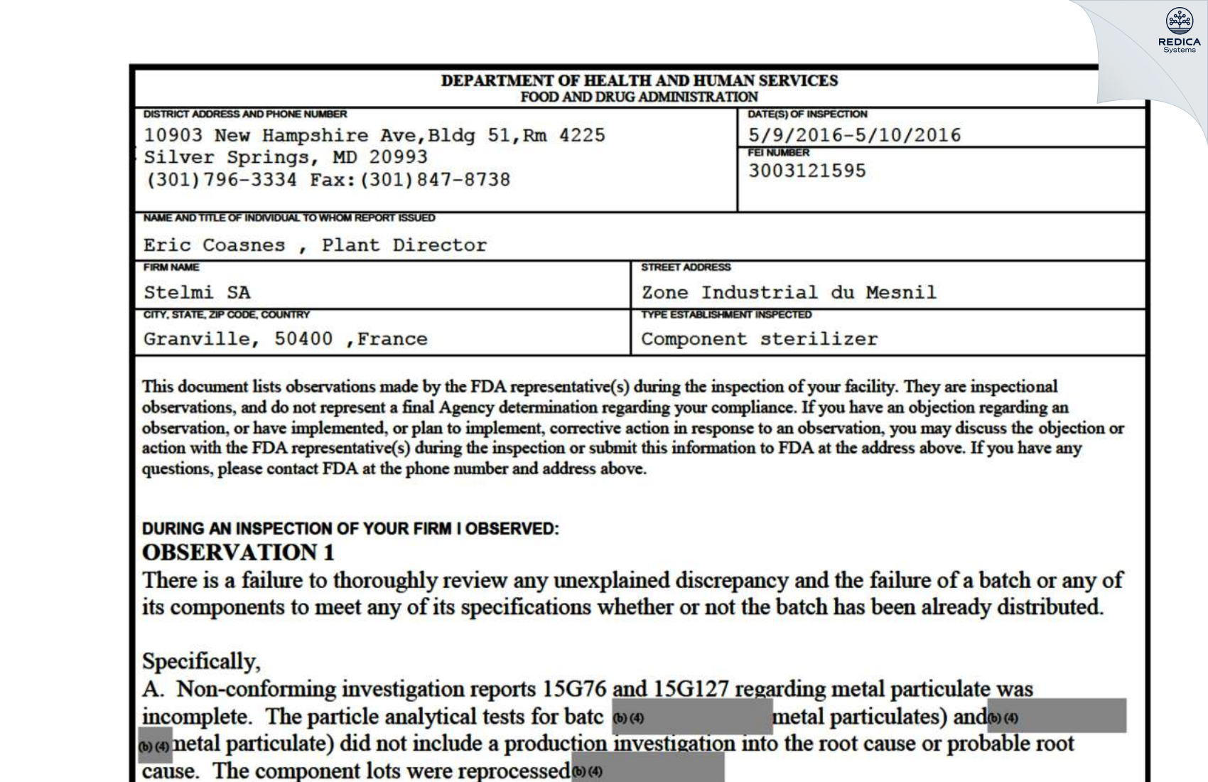 FDA 483 - Stelmi SA [Granville / France] - Download PDF - Redica Systems