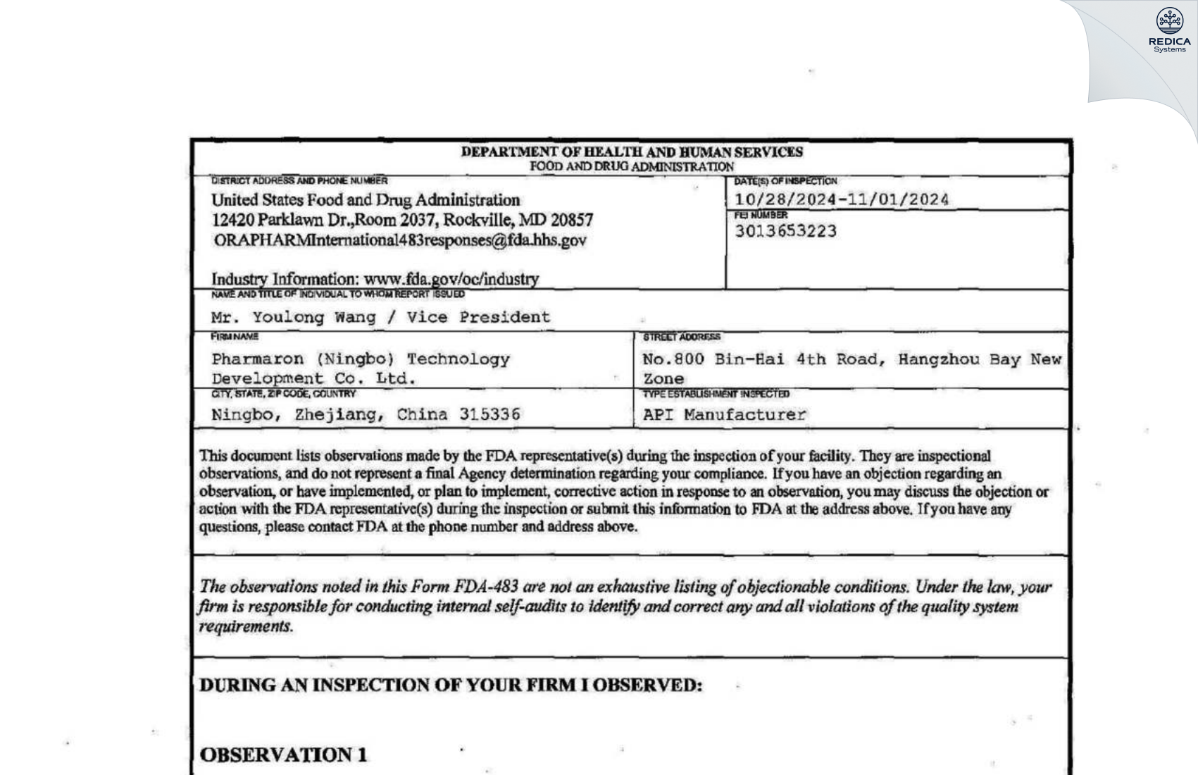FDA 483 - Pharmaron (Ningbo) Technology Development Co., Ltd. [Ningbo / China] - Download PDF - Redica Systems