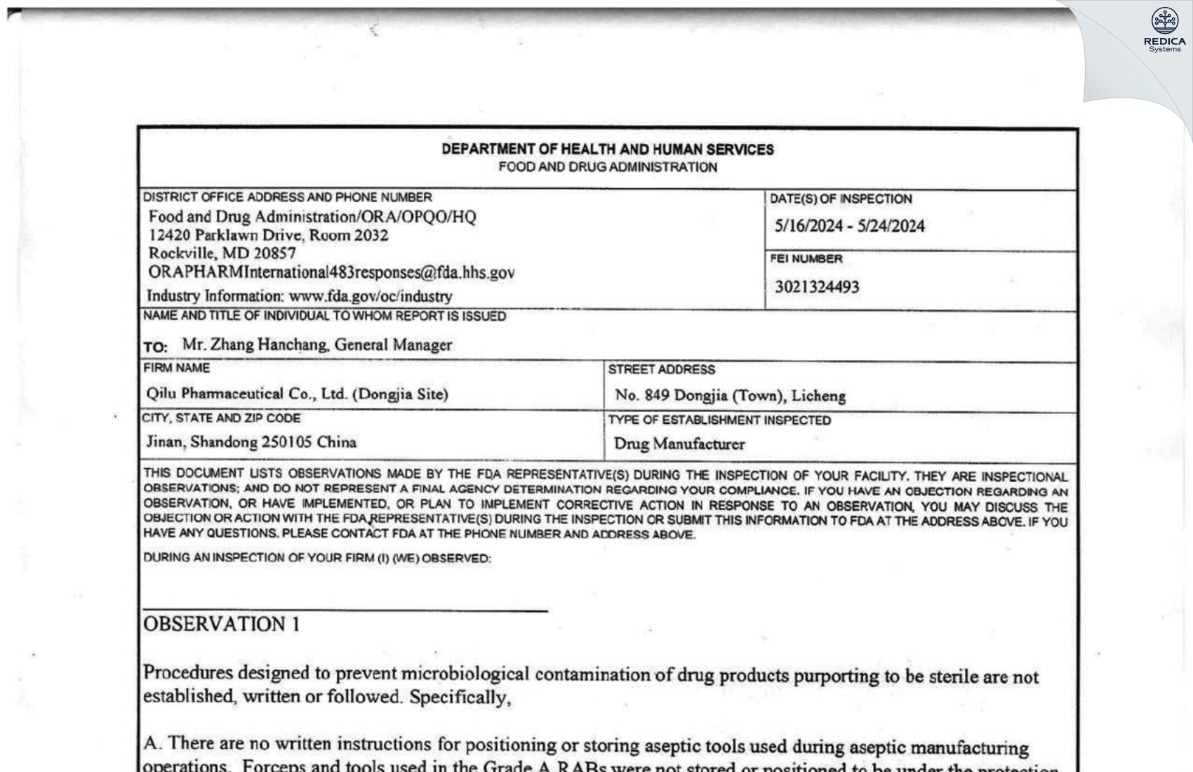 FDA 483 - Qilu Pharmaceutical Co., Ltd. (Dongjia Site) [Licheng / China] - Download PDF - Redica Systems