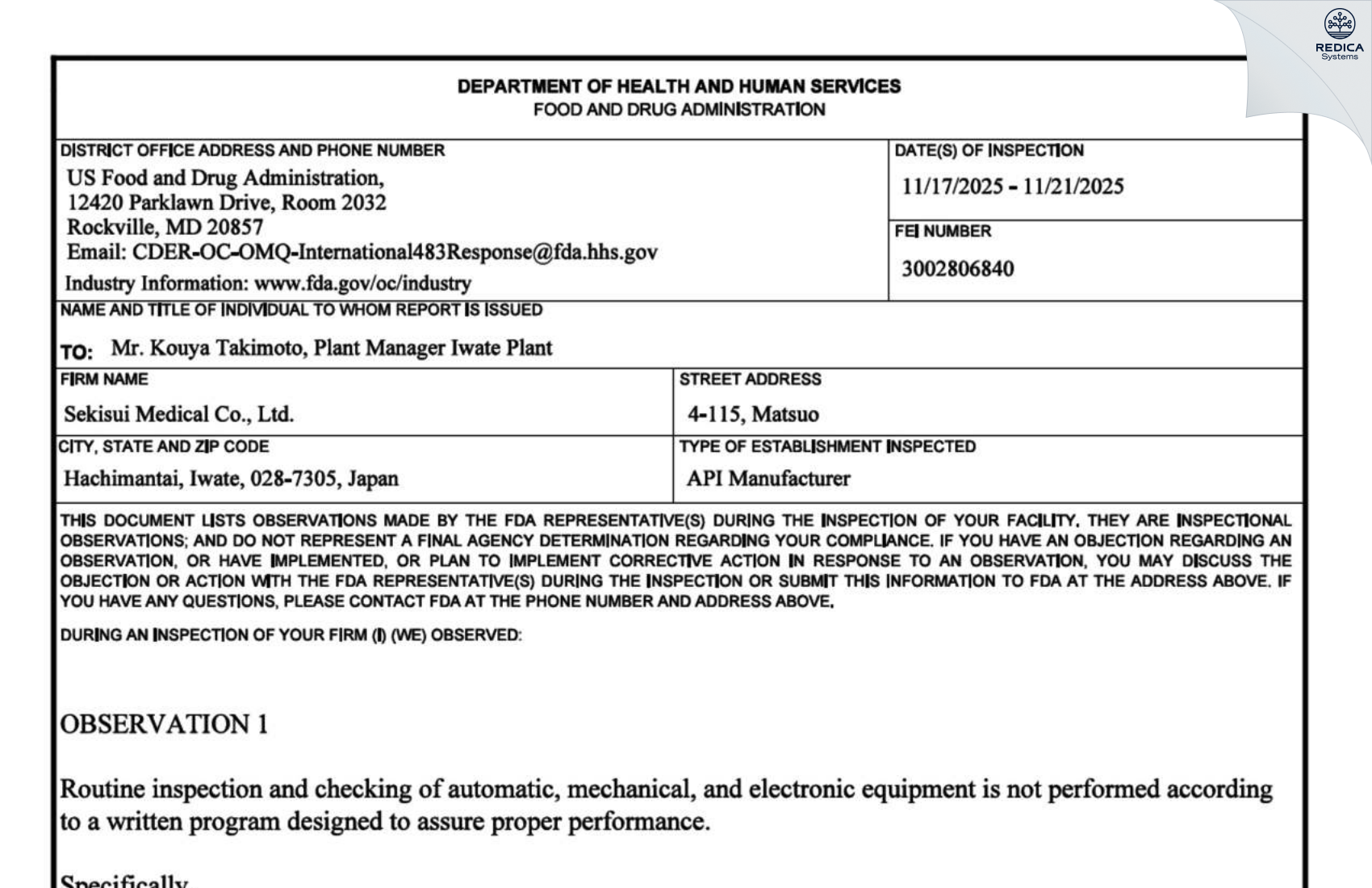 FDA 483 - Sekisui Medical Co., Ltd. [Matsuo / Japan] - Download PDF - Redica Systems