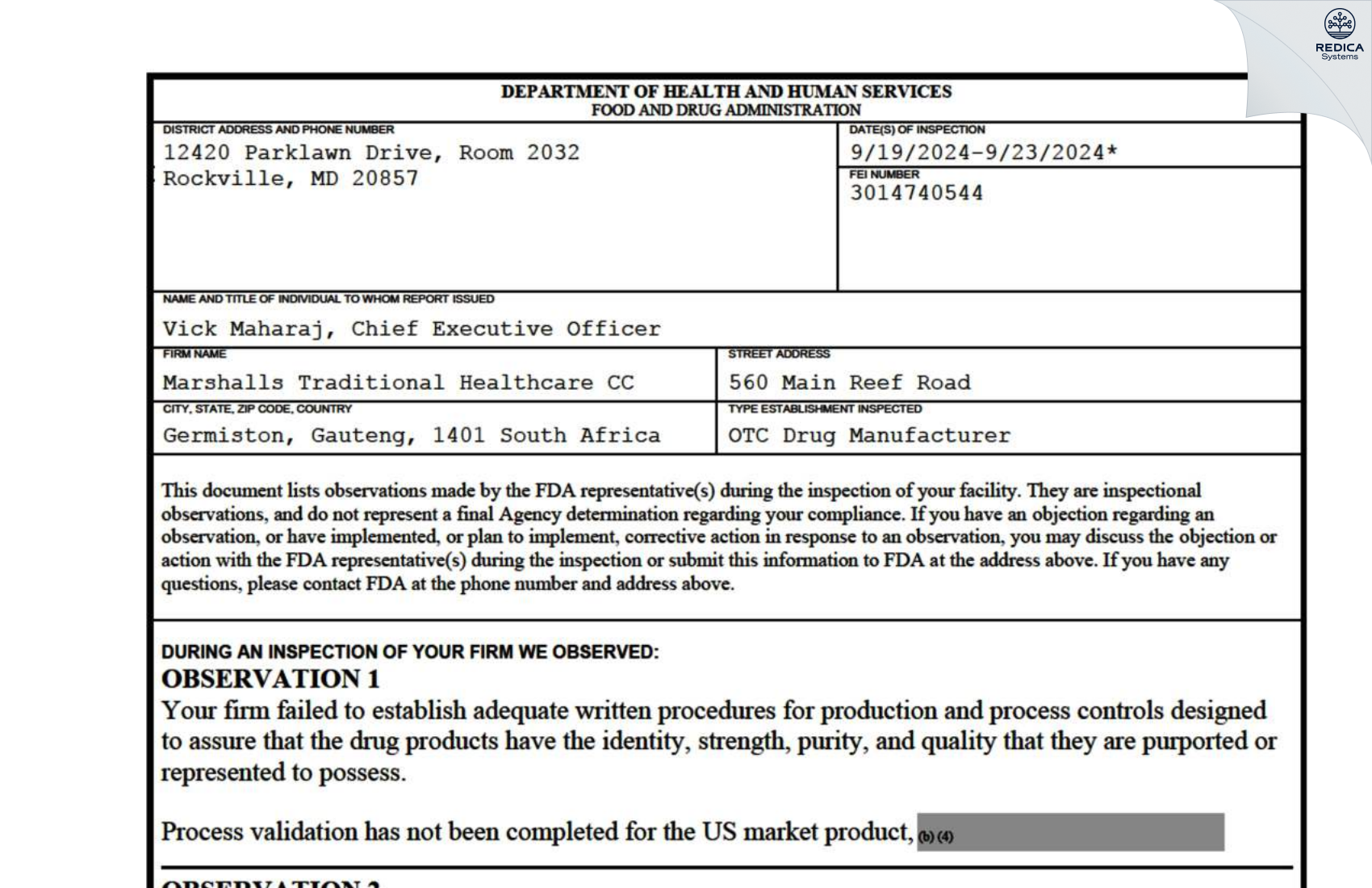 FDA 483 - MARSHALLS TRADITIONAL HEALTHCARE CC [Ekurhuleni / South Africa] - Download PDF - Redica Systems
