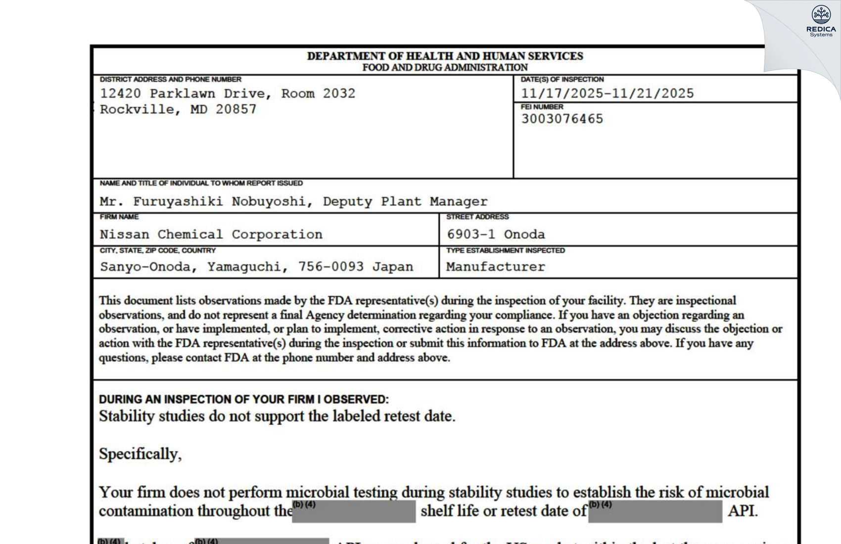 FDA 483 - Nissan Chemical Corporation [Onoda / Japan] - Download PDF - Redica Systems