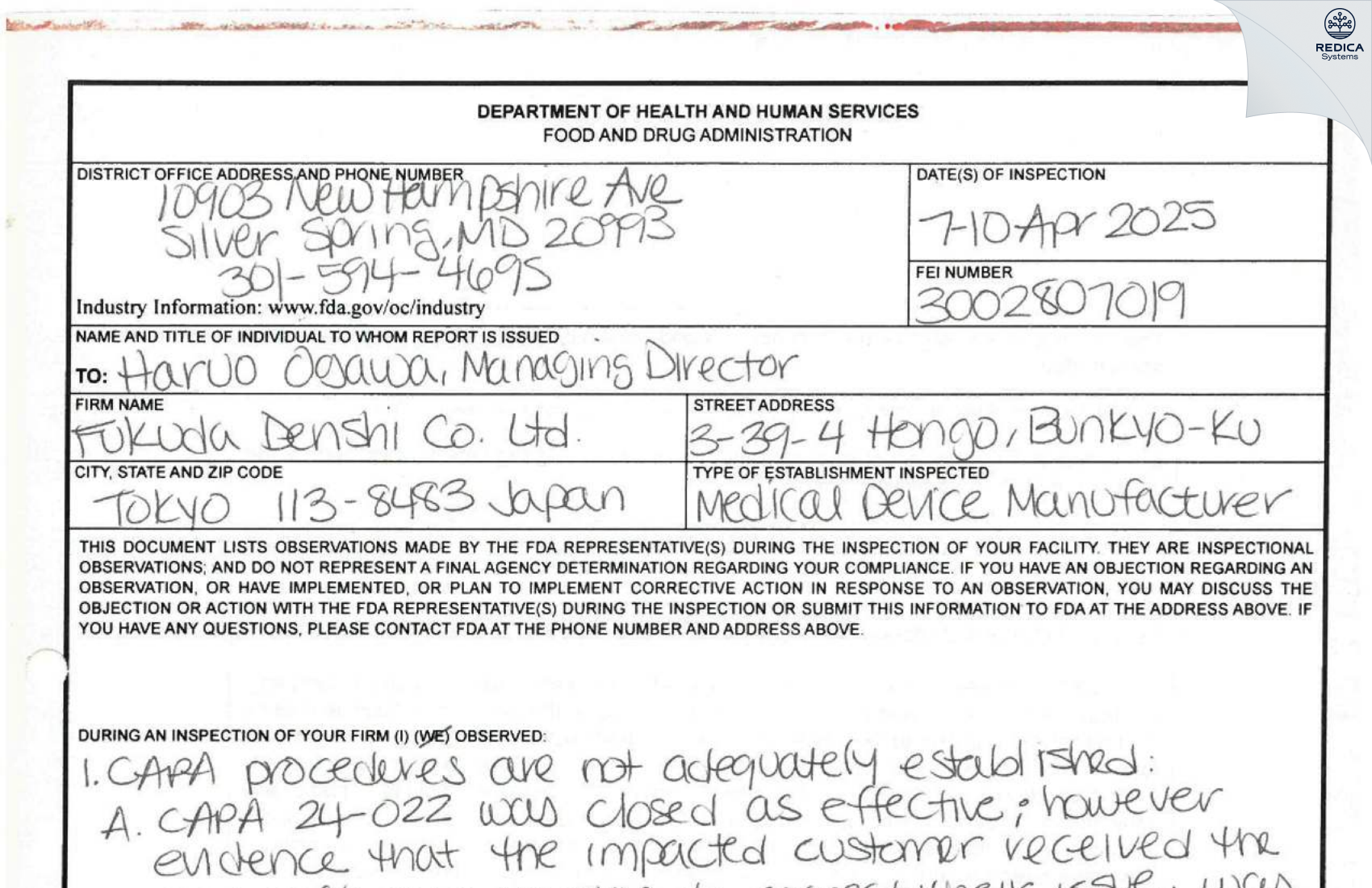 FDA 483 - Fukuda Denshi Co., Ltd. [Hongo / Japan] - Download PDF - Redica Systems