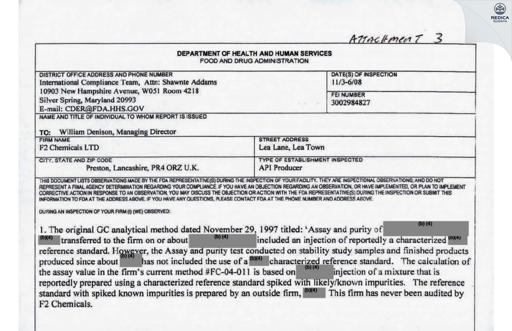FDA 483 - F2 Chemical, Ltd. [Preston / United Kingdom of Great Britain and Northern Ireland] - Download PDF - Redica Systems