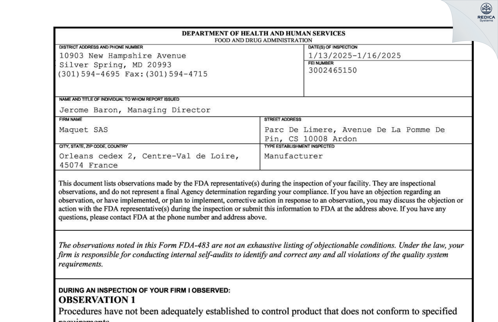 FDA 483 - Maquet SAS [Orléans / France] - Download PDF - Redica Systems