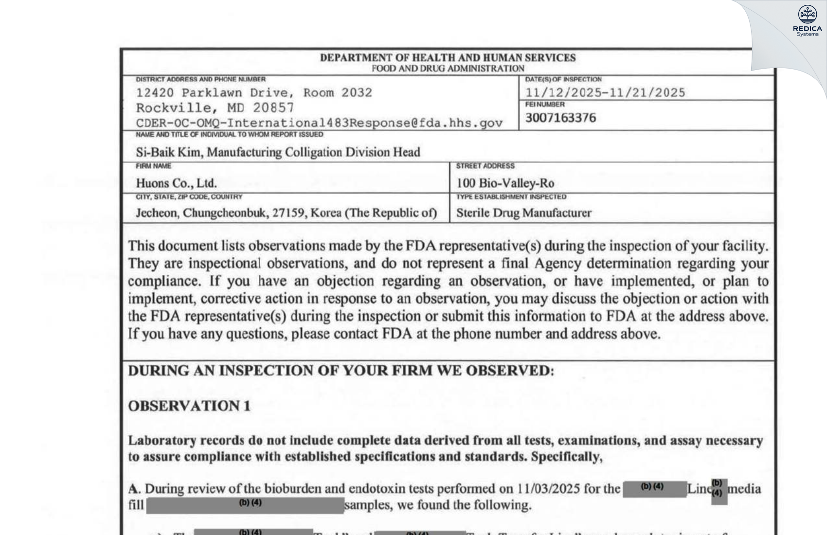 FDA 483 - Huons Co. Ltd._Jecheon Factory [Chungcheongbuk-Do / Korea (Republic of)] - Download PDF - Redica Systems