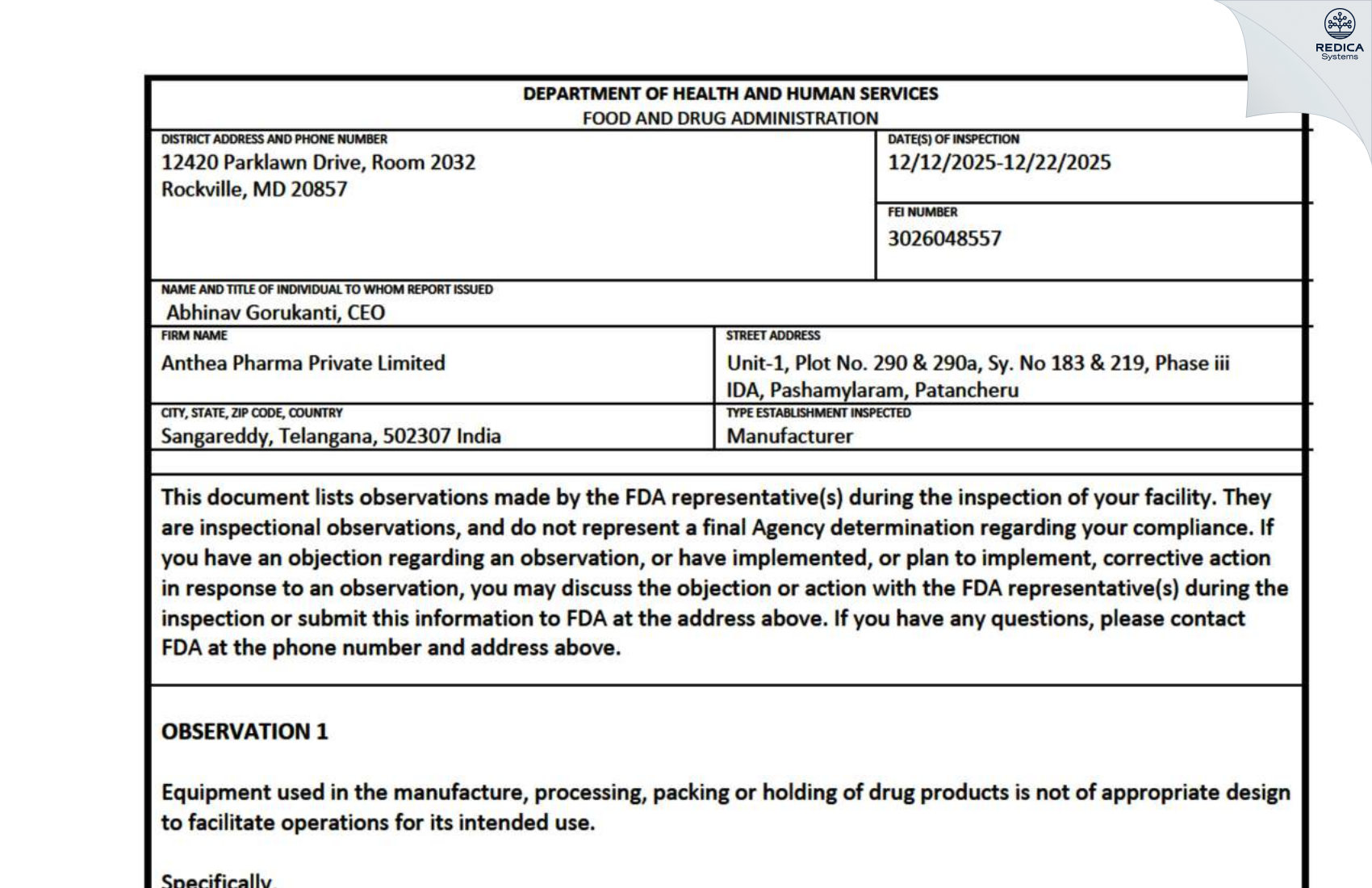 FDA 483 - Anthea Pharma Private Limited [Patancheru / India] - Download PDF - Redica Systems