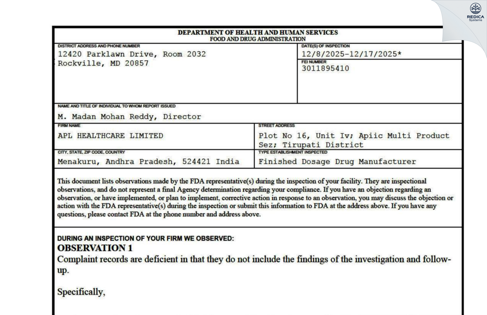 FDA 483 - APL HEALTHCARE LIMITED [Balayapalle / India] - Download PDF - Redica Systems